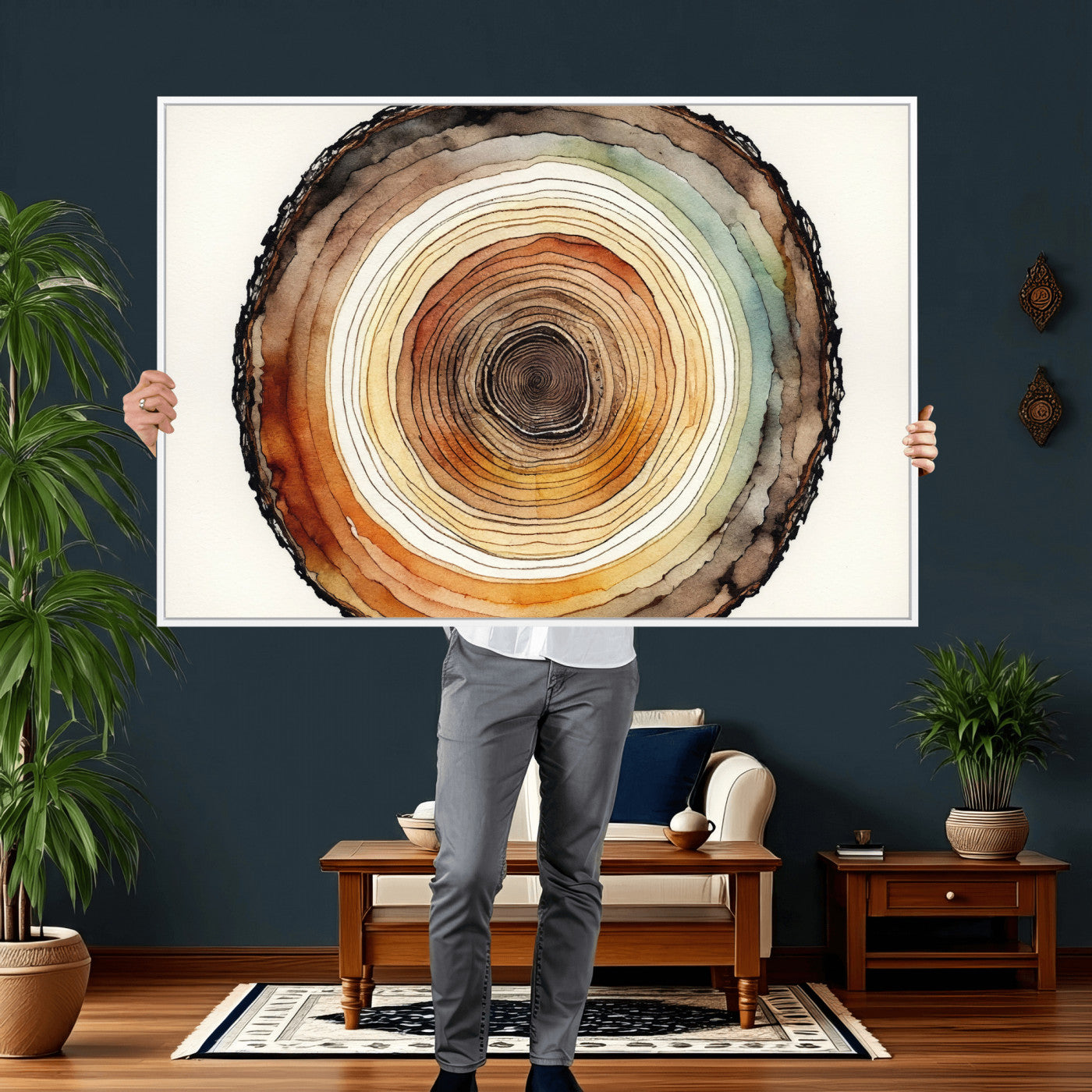 13719680-MGV-CV-36X24 - Natural Wood Slice Wall Art Canvas Print, Tree Ring Wall Art, Framed Abstract Nature Wall Decor, Earth Tone Statement Canvas Print