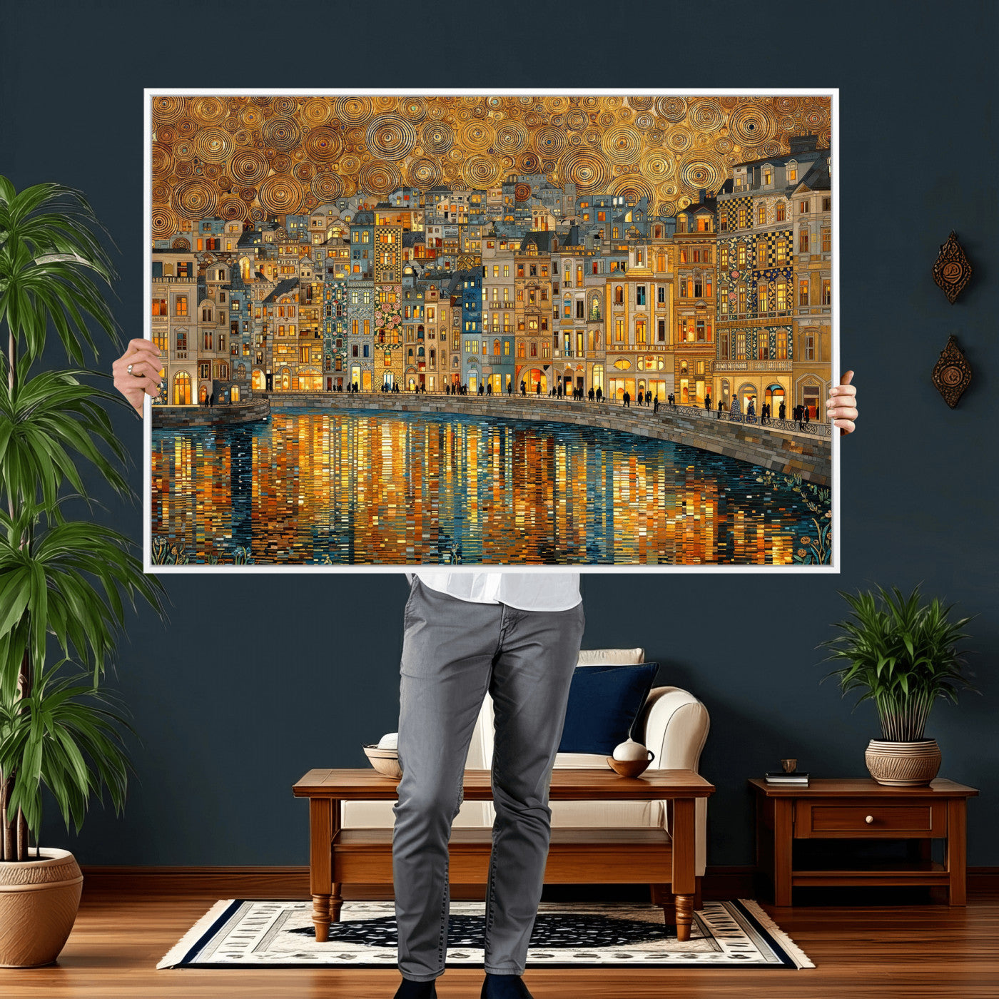 94022787-MGV-CV-36X24 - Gustav Klimt Golden Cityscape Wall Art Canvas Print, Framed River Town Landscape Artwork, Ornate Architecture Wall Decor for Living Room Bedroom Office