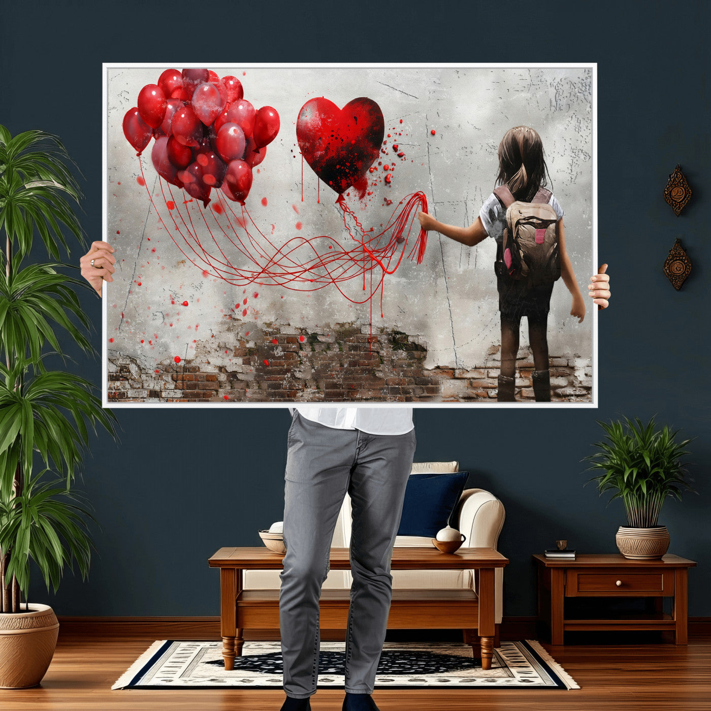 2162830T-MGV-CV-36X24 - Girl Graffiti Wall Art Canvas Print, Red Balloon Heart Street Art, Urban Love Artwork for Living Room Bedroom Hallway Office, Modern Abstract Canvas Wall Decor Home Decor
