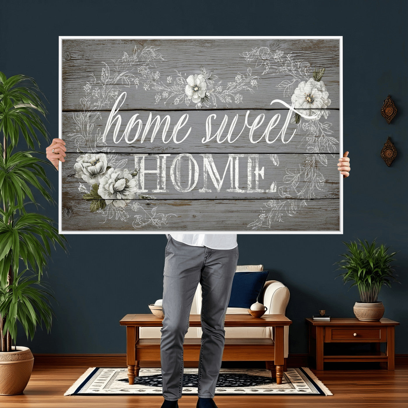 42160089-MGV-CV-36X24 - Home Sweet Home Sign Wall Art Canvas Print, Floral Farmhouse Sign, Rustic Neutral Entryway Bedroom Living Room Decor
