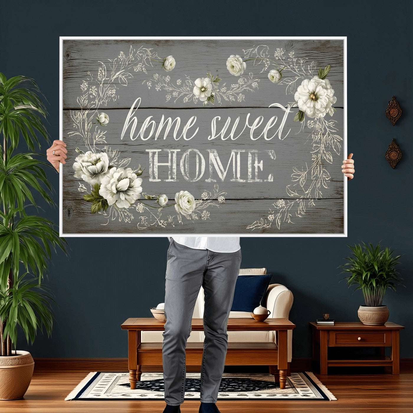 32056075-MGV-CV-36X24 - Home Sweet Home Wall Art Canvas Print, Floral Farmhouse Sign, Rustic Neutral Entryway Bedroom Living Room Decor