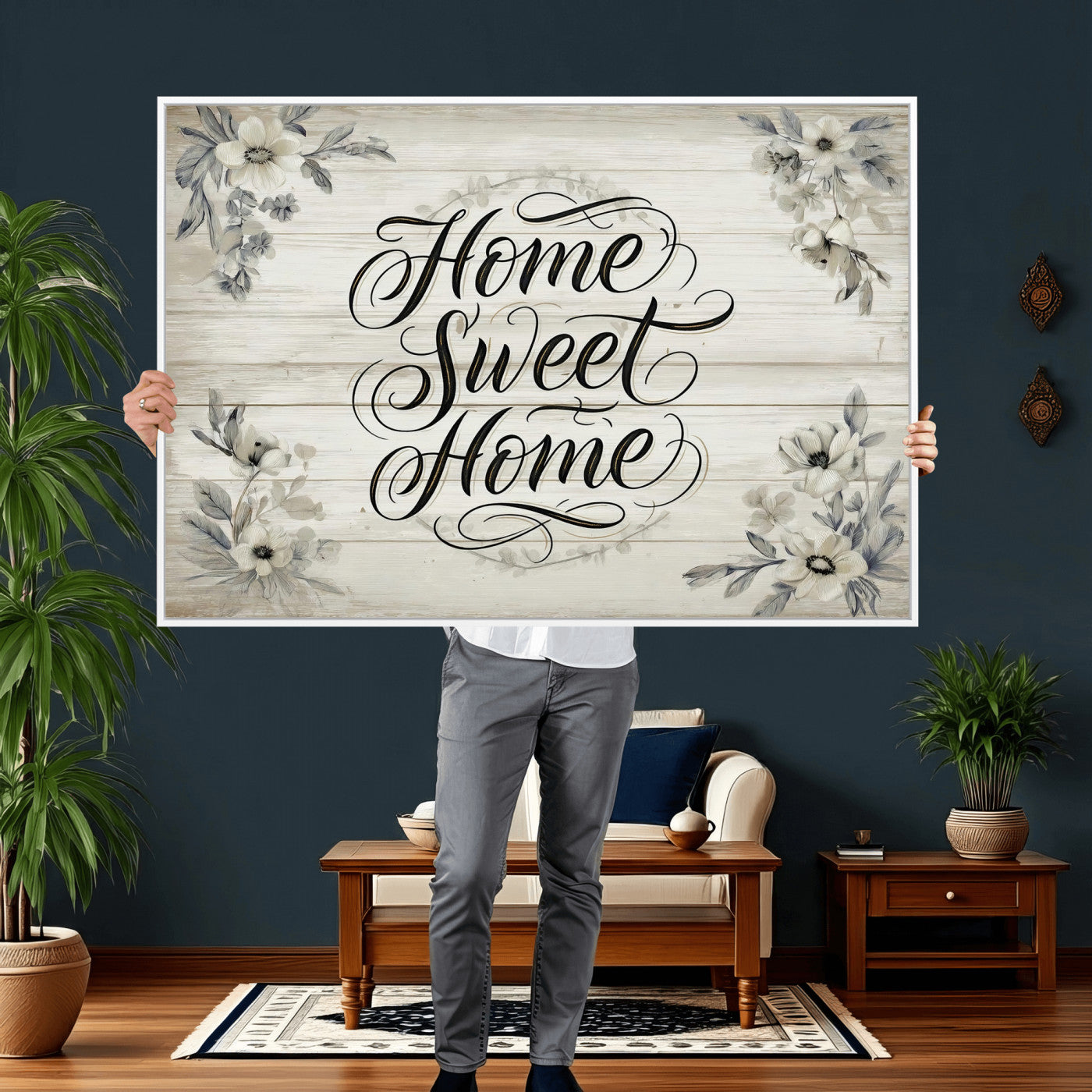 11120405-MGV-CV-36X24 - Home Sweet Home Wall Art Canvas Print, Floral Farmhouse Sign, Rustic Neutral Entryway Bedroom Living Room Decor