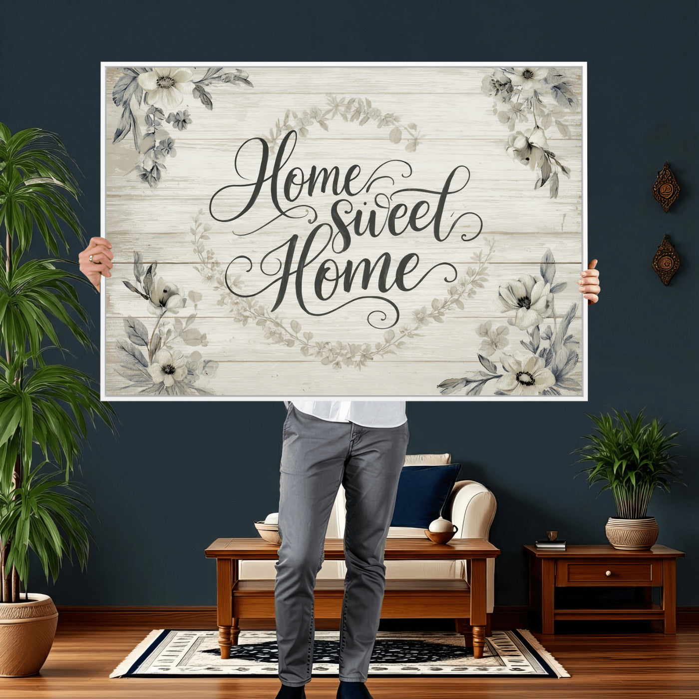 81157008-MGV-CV-36X24 - Home Sweet Home Wall Art Canvas Print, Floral Farmhouse Sign, Rustic Neutral Entryway Bedroom Living Room Decor
