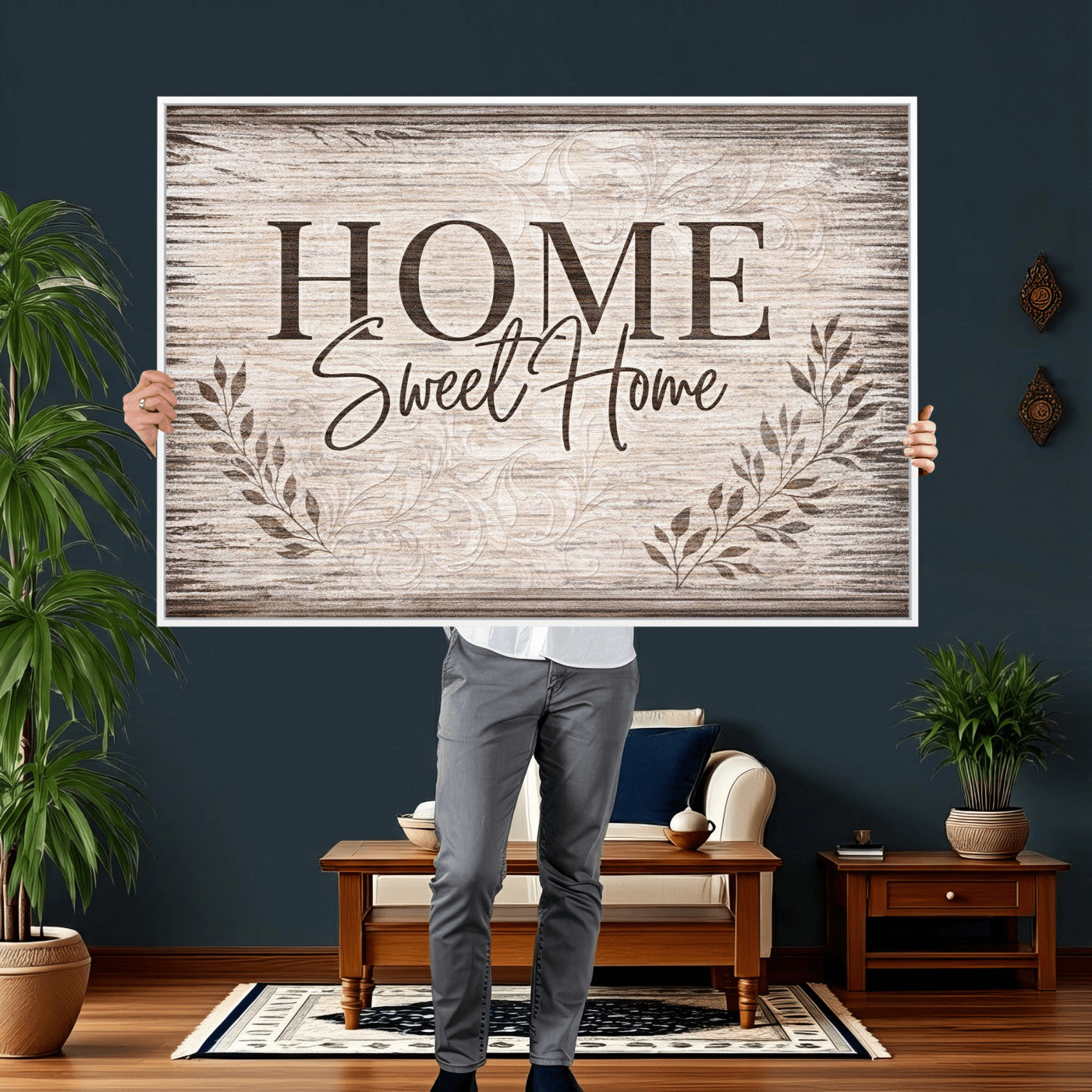 81157008S-MGV-CV-36X24 - Home Sweet Home Wall Art Canvas Print, Floral Farmhouse Sign, Rustic Neutral Entryway Bedroom Living Room Decor