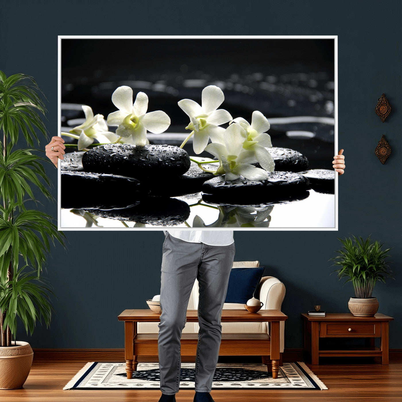 79486206-MGV-CV-36X24 - Plumeria Frangipani Black Stone Canvas | White Flower Spa Photography Print | Tropical Zen Wall Art | Grey Pebble Floral for Meditation Room Decor