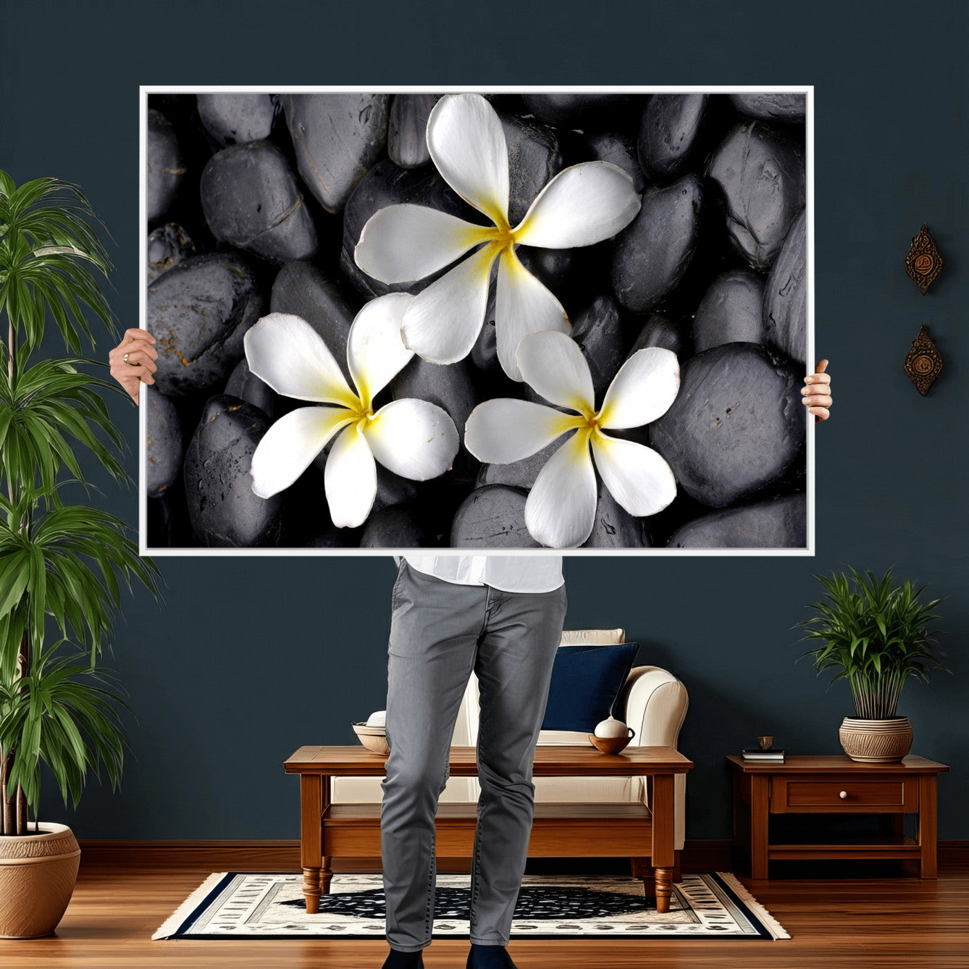 43639613-MGV-CV-36X24 - Plumeria Frangipani Black Stone Canvas | White Flower Spa Photography Print | Tropical Zen Wall Art | Grey Pebble Floral Decor