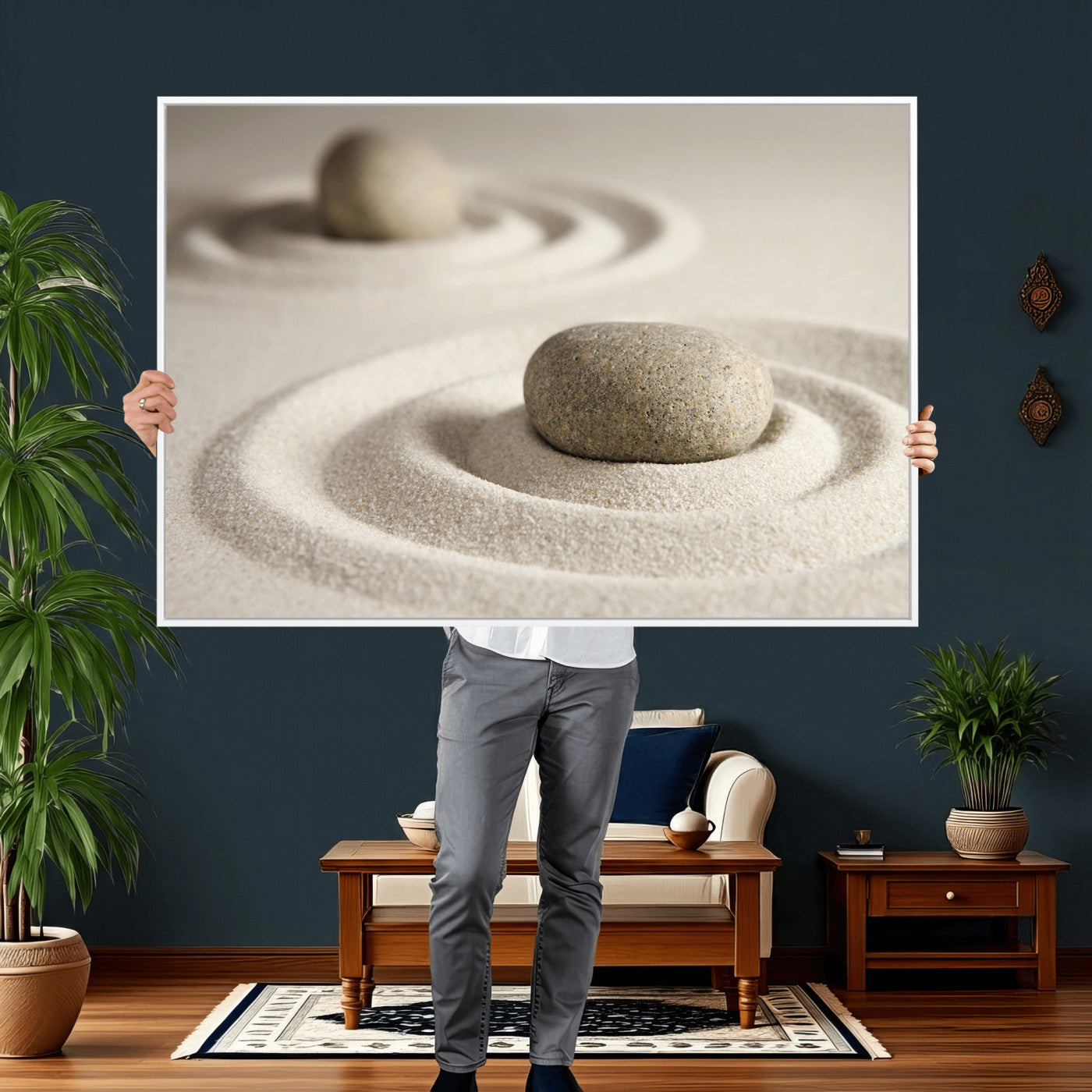 13397966-MGV-CV-36X24 - Zen Garden Stone Sand Canvas | Japanese Rock Garden Wall Art | Minimalist Meditation Print | Neutral Beige Mindfulness Decor