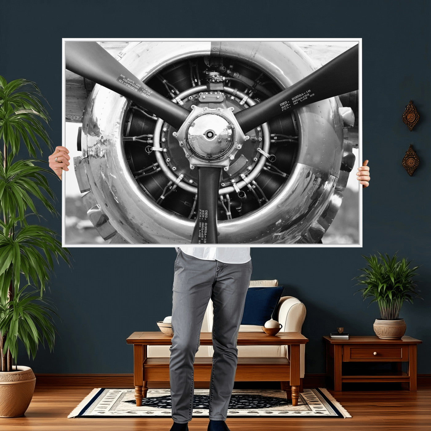 73322230-MGV-CV-36X24 - Vintage Propeller Plane Wall Art Canvas Print, Black and White Airplane Engine Close Up Framed Aviation Artwork for Pilot Office Hangar Decor