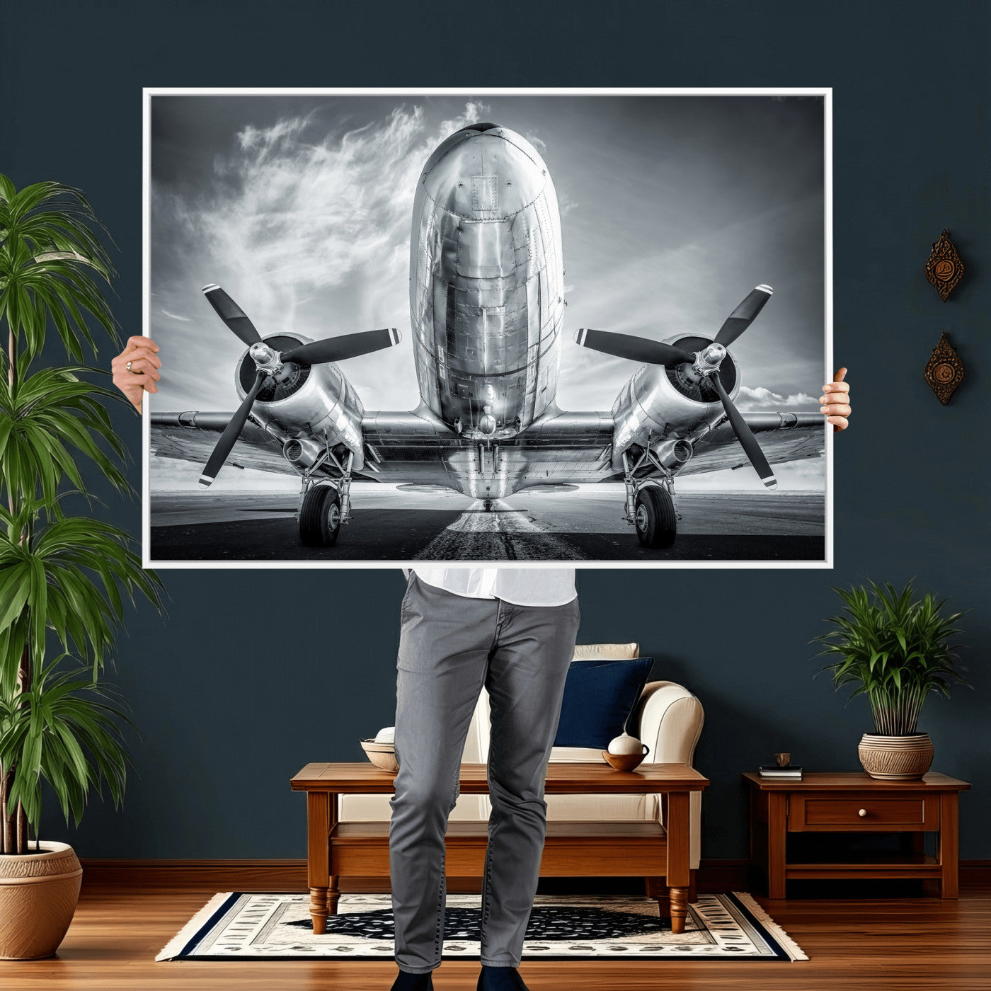 59729636-MGV-CV-36X24 - Vintage Propeller Plane Wall Art Canvas Print, Black and White Airplane Engine Close Up Framed Aviation Artwork for Pilot Office Hangar Decor