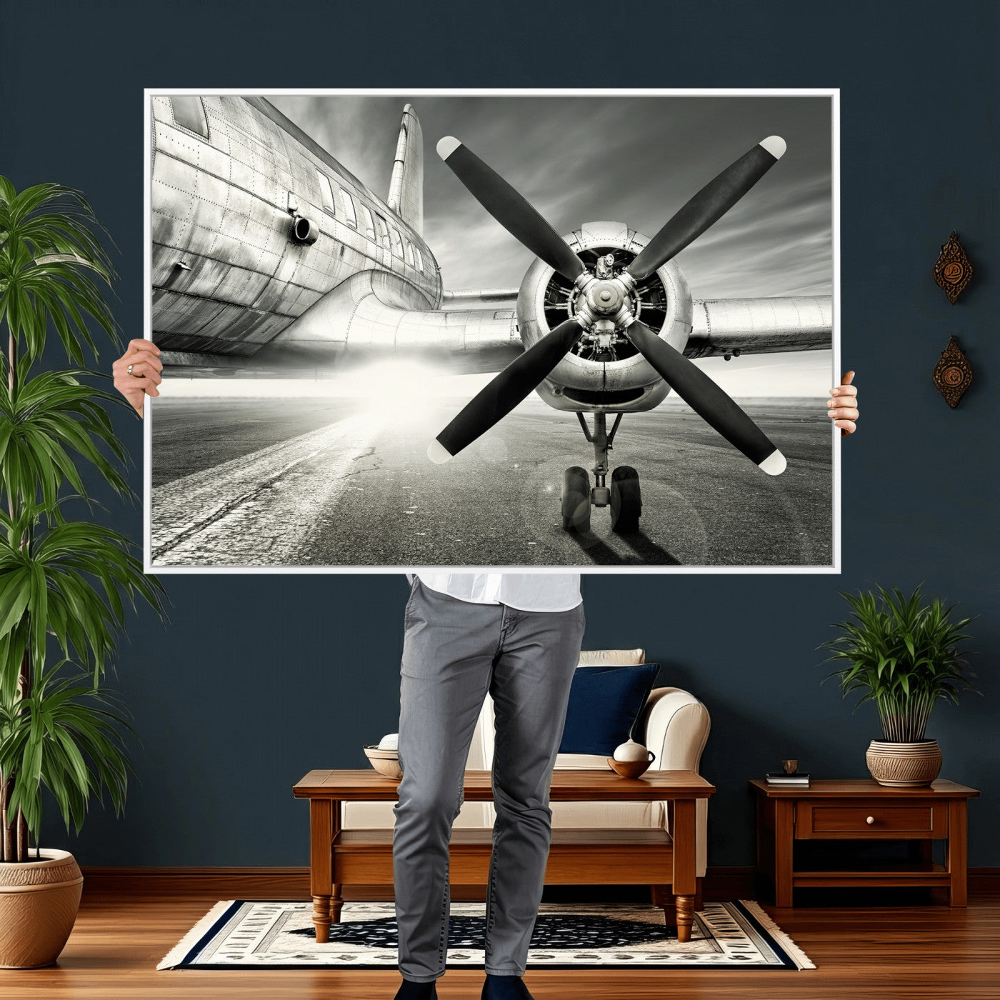 16420255-MGV-CV-36X24 - Vintage Airplane Wall Art Canvas Print, Black and White Propeller Aircraft Framed Aviation Artwork for Pilot Office Hangar Living Room Decor