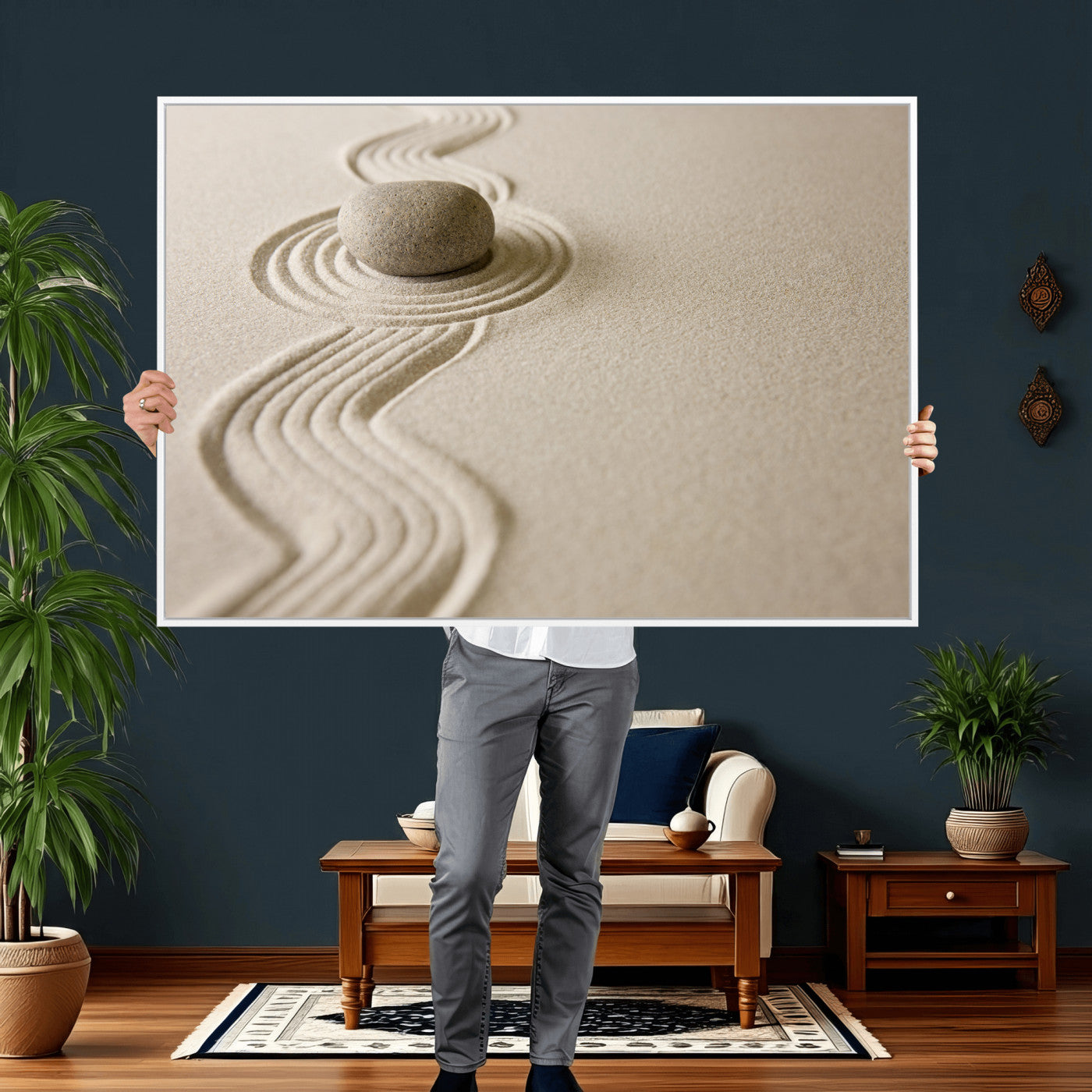 66852661-MGV-CV-36X24 - Zen Garden Stone Sand Canvas | Japanese Rock Garden Wall Art | Minimalist Meditation Print | Neutral Beige Mindfulness Decor