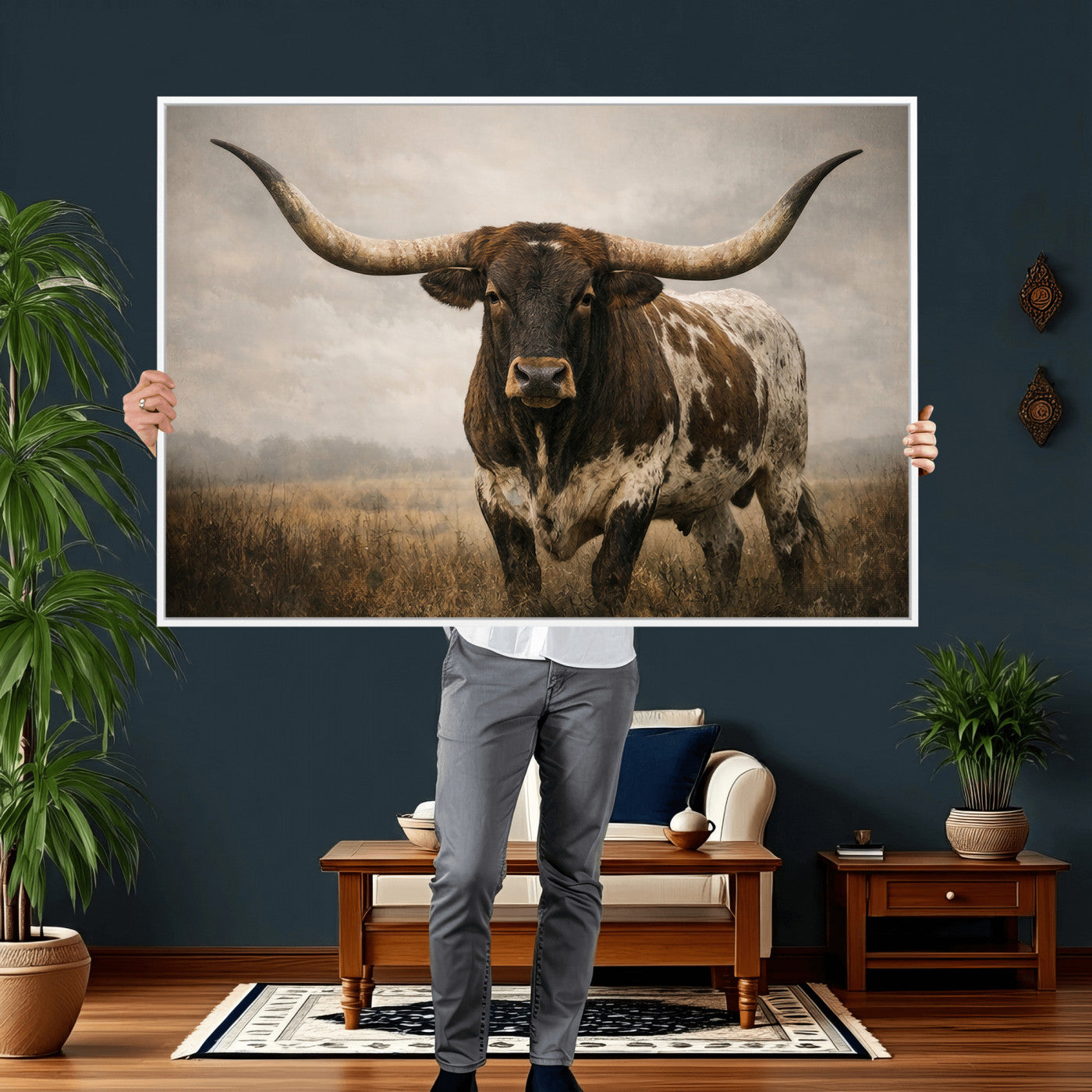 17622011L-MGV-CV-36X24 - Longhorn Bull Wall Art Canvas Print, Western Farmhouse Cowboy Decor, Rustic Texas Ranch Cattle Artwork for Living Room Bedroom Office, Framed Wall Decor