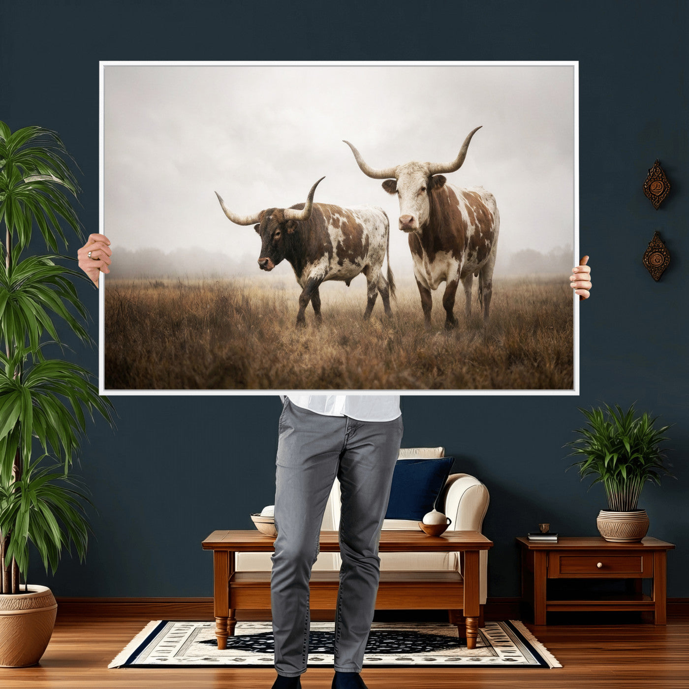92881702-MGV-CV-36X24 - Texas Longhorn Canvas Wall Art Western Bull Desert Moody Grey Overcast Rustic Farmhouse Framed Large for Living Room Bedroom Office Decor