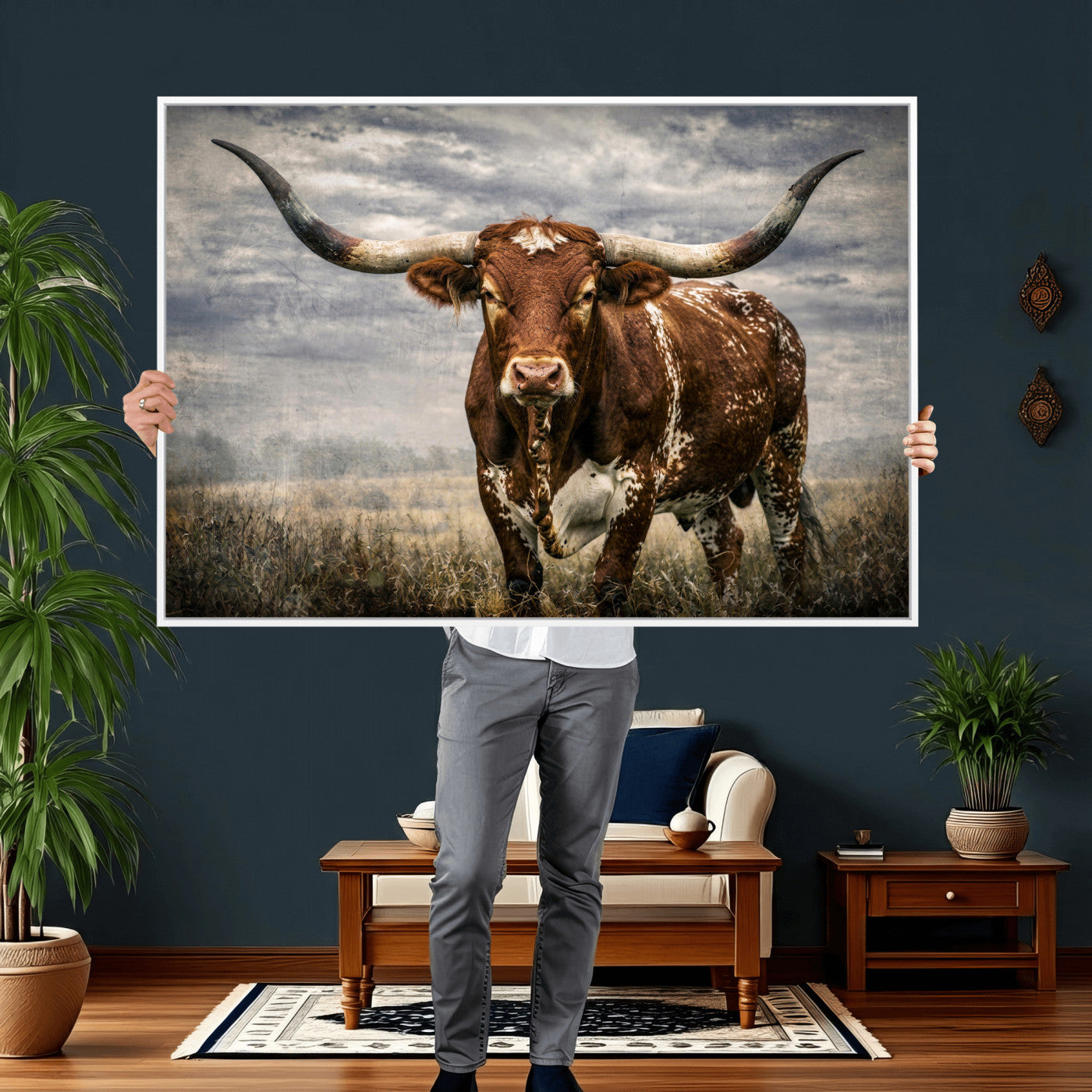 14372769-MGV-CV-36X24 - Texas Longhorn Canvas Wall Art Western Bull Desert Moody Grey Overcast Rustic Farmhouse Framed Large for Living Room Bedroom Office Decor