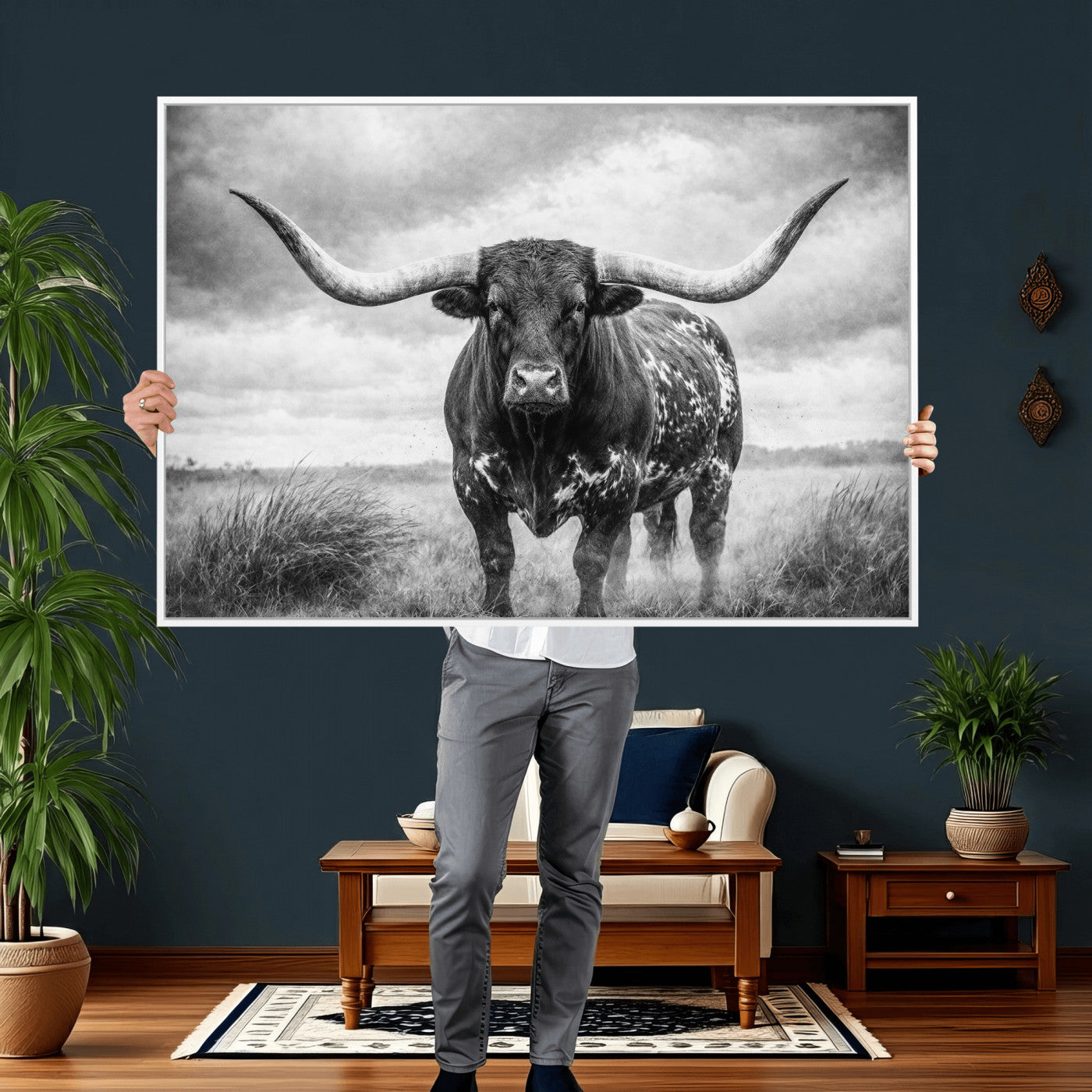 19951238-MGV-CV-36X24 - Texas Longhorn Canvas Wall Art Western Bull Desert Moody Grey Overcast Rustic Farmhouse Framed Large for Living Room Bedroom Office Decor