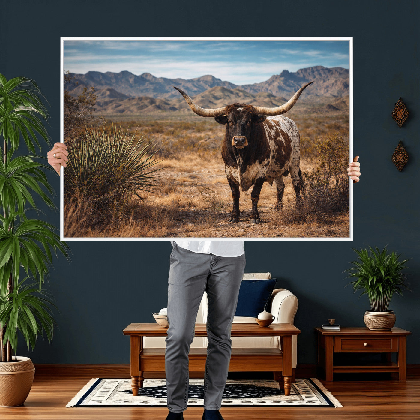 26448918-MGV-CV-36X24 - Texas Longhorn Canvas Wall Art Western Bull Desert Moody Grey Overcast Rustic Farmhouse Framed Large for Living Room Bedroom Office Decor
