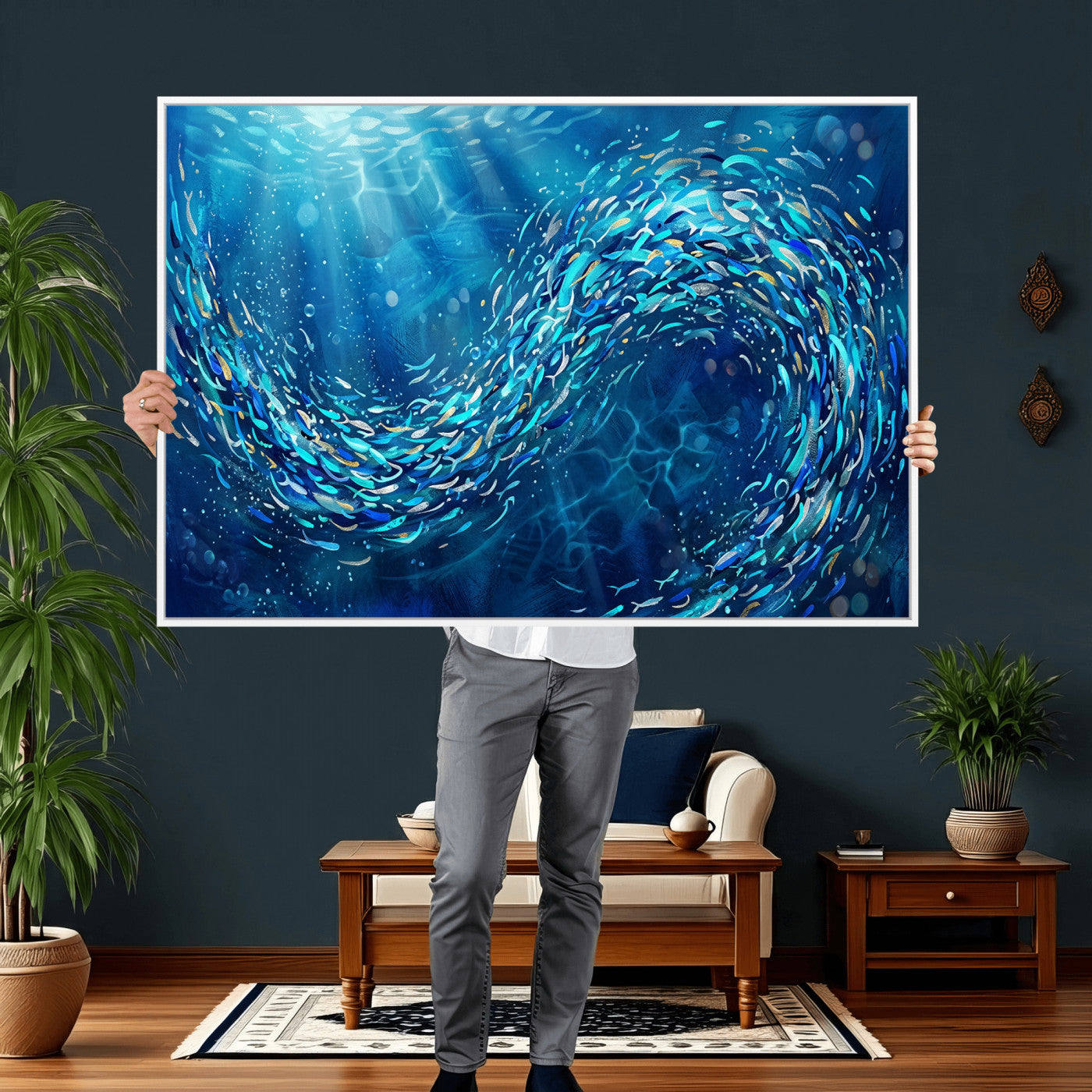 54535639-MGV-CV-36X24 - School of Fish Canvas Print | Blue Ocean Underwater Wall Art | Swirling Fish Shoal Illustration | Marine Navy Coastal Decor