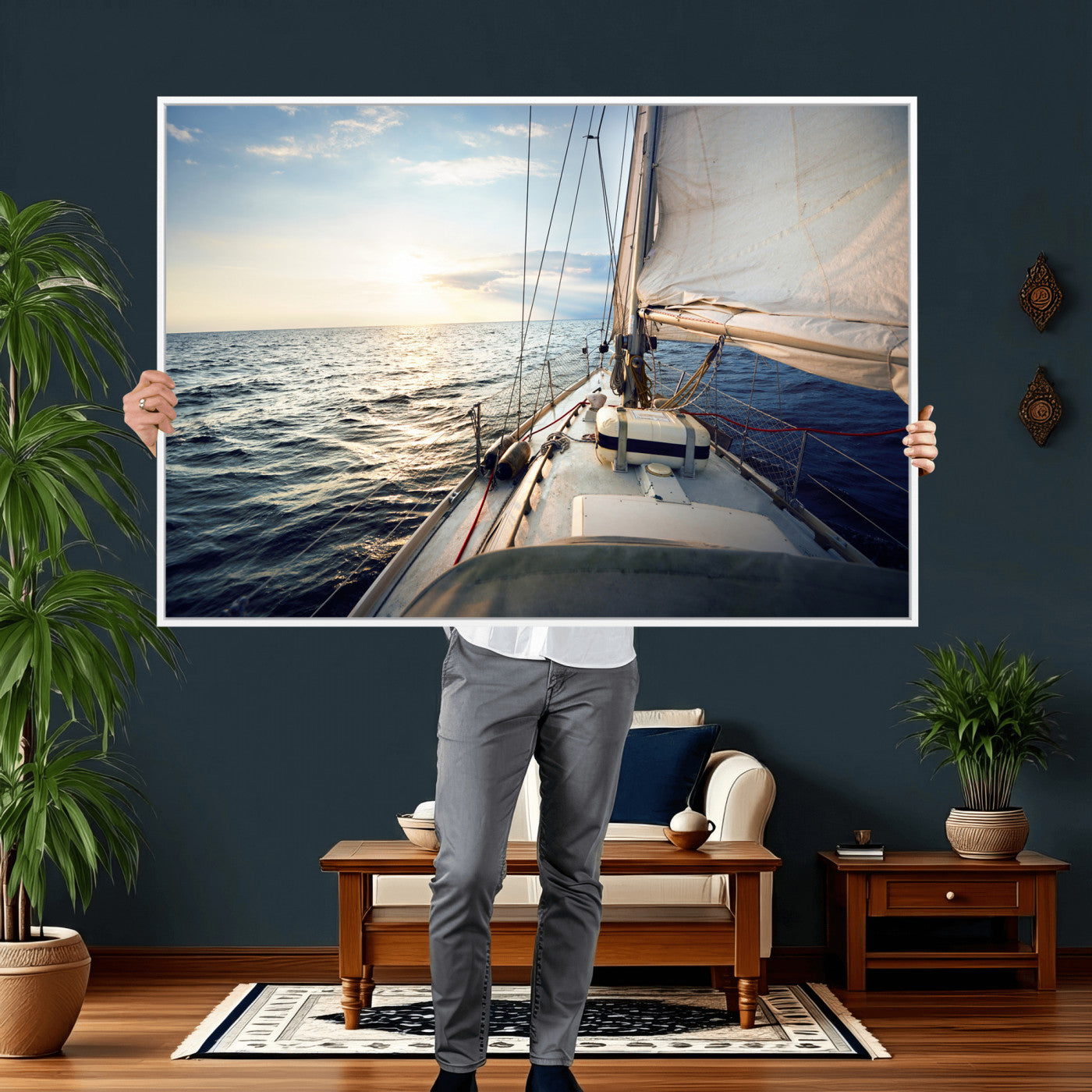 76381335-MGV-CV-36X24 - Sailboat Wall Art Canvas Print, Ocean Sunset Sailing Framed Artwork, Coastal Nautical Seascape Decor for Living Room Office Beach House