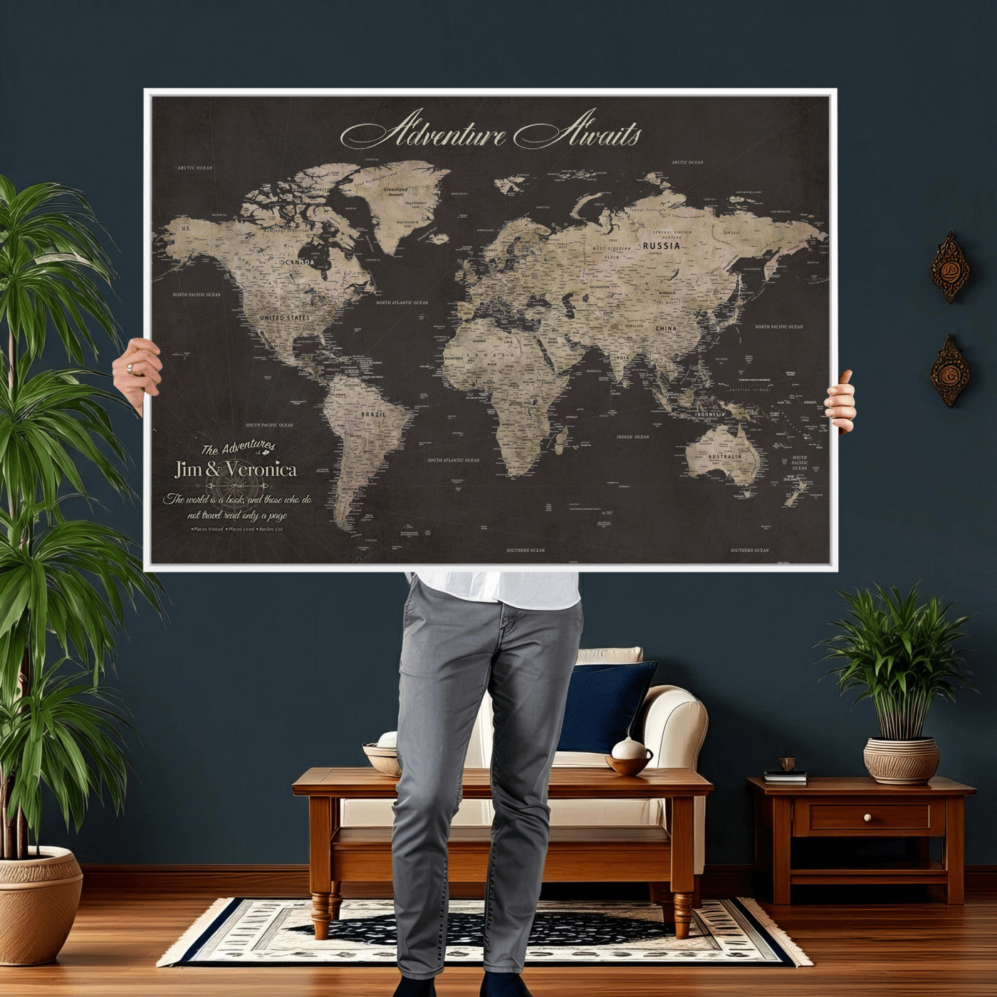 56556018136C-MGV-CV-36X24 - Custom World Map with Pins Canvas Wall Art Dark Charcoal Antique Tan Detailed Every Country Labeled Framed Large for Home Office Living Room Bedroom Decor