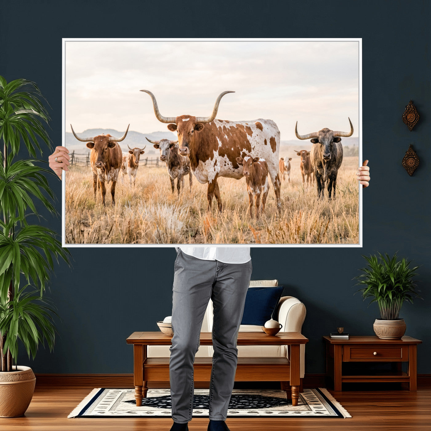 62336425AC-MGV-CV-36X24 - Texas Longhorn Canvas Wall Art, Rustic Farm Animal Photography Print, Farmhouse Country Decor, Western Ranch Art