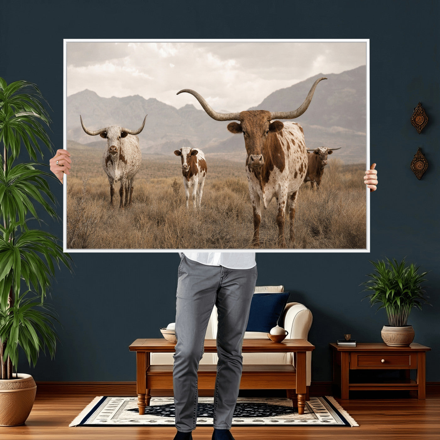 62336425AD-MGV-CV-36X24 - Rustic Texas Longhorn Cow Canvas Wall Art Print, Rustic Farm Animal Photography Print, Farmhouse Country Decor, Western Ranch Art