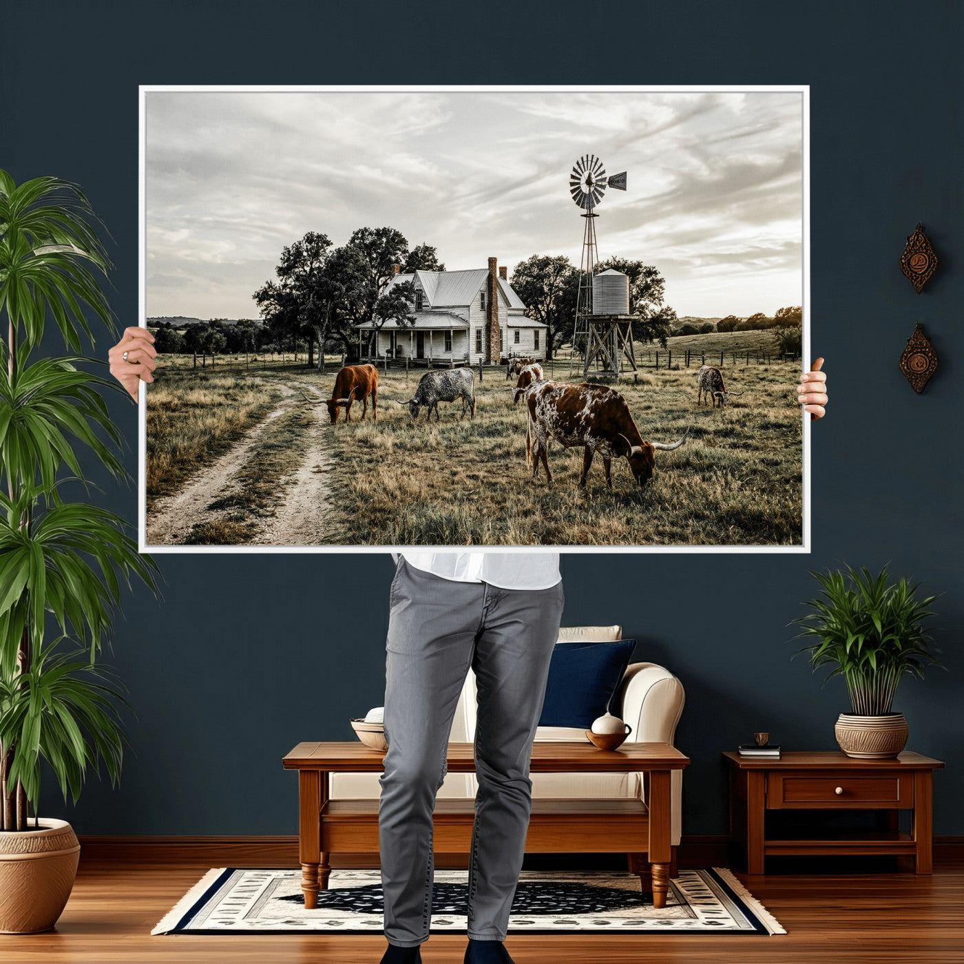 92429425-MGV-CV-36X24 - Texas Longhorn Ranch Wall Art Canvas Print, Rustic Western Farmhouse Decor, Country Landscape Canvas Wall Art, Vintage Cowboy Ranch Picture