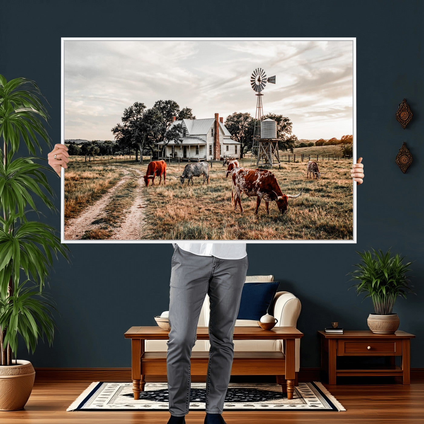 92429425-MGV-CV-36X24 - Texas Longhorn Ranch Wall Art Canvas Print, Rustic Western Farmhouse Decor, Country Landscape Canvas Wall Art, Vintage Cowboy Ranch Picture