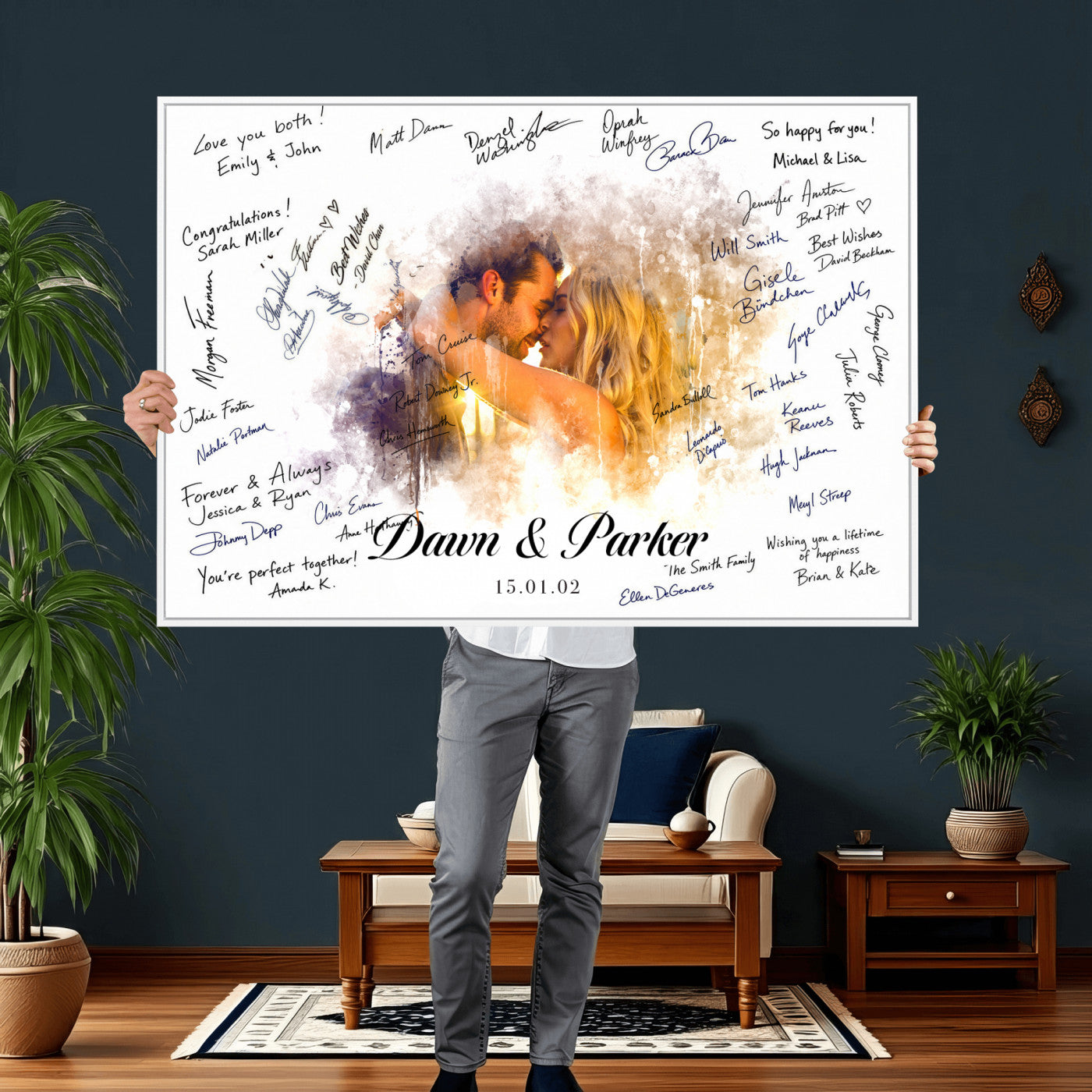 74713307-MGV-CV-36X24 - Wedding Guest Book Alternative Wall Art Canvas Print, Personalized Wedding Signature Poster, Custom Couple Photo Guestbook Canvas, Bridal Shower Reception Decor