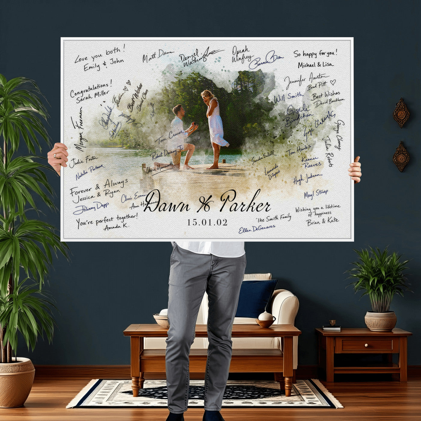 14326128-MGV-CV-36X24 - Wedding Guest Book Alternative Wall Art Canvas Print, Personalized Wedding Signature Poster, Custom Couple Photo Guestbook Canvas, Bridal Shower Reception Decor