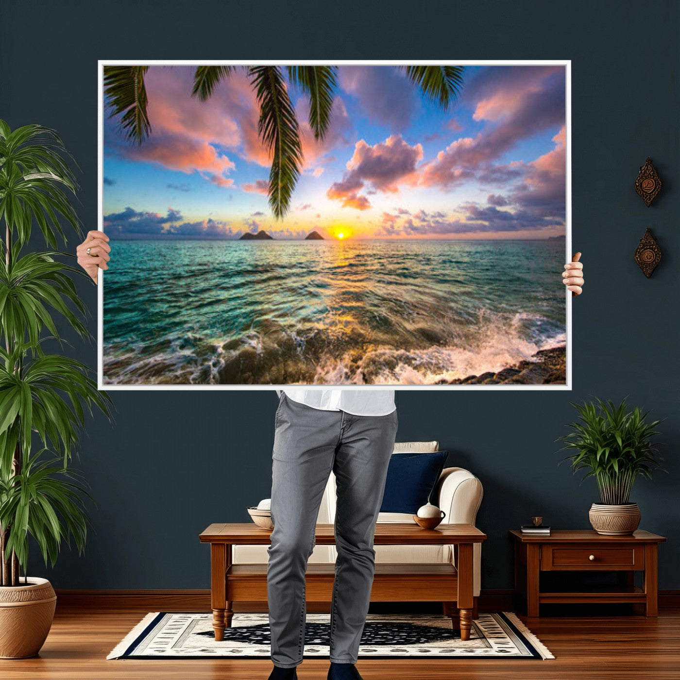 13207742-MGV-CV-36X24 - Hawaii Beach Sunset Canvas Wall Art Print, Tropical Ocean Landscape Artwork, Palm Tree Coastal Decor for Living Room Bedroom