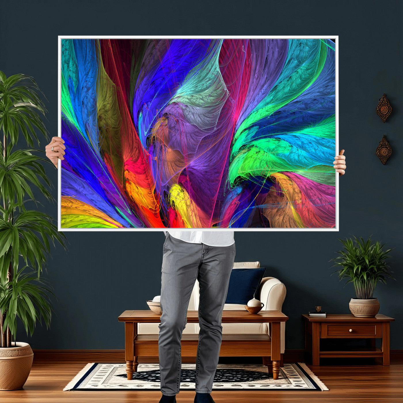 376925791-MGV-CV-36X24 - Colorful Abstract Canvas Wall Art, Rainbow Swirl Fractal Print, Bold Multicolor Living Room Decor, Vibrant Energy Art, Large Abstract Wall Art