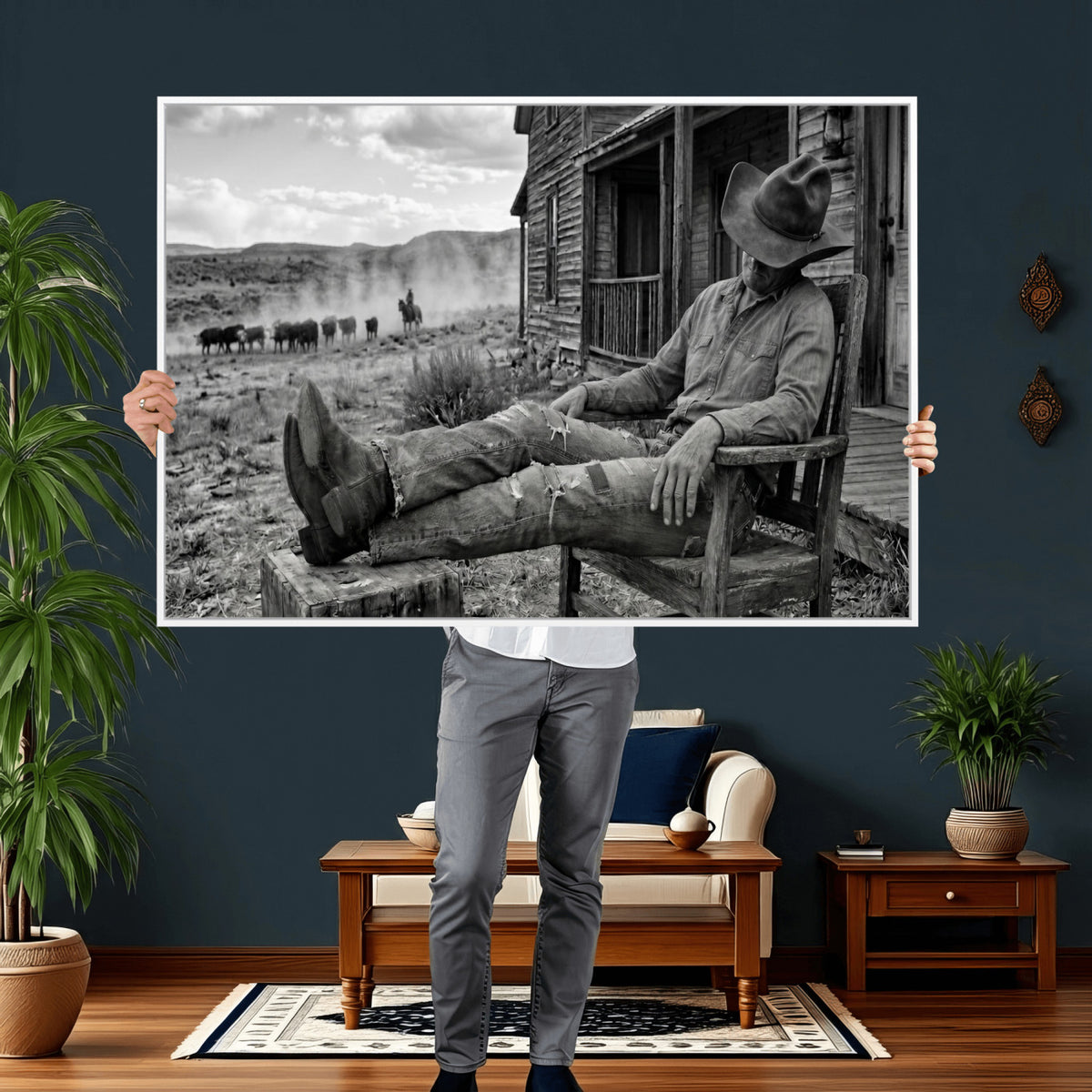 94461975S-MGV-CV-36X24 - Vintage Sleeping Cowboy Wall Art Canvas Print, Western Home Decor