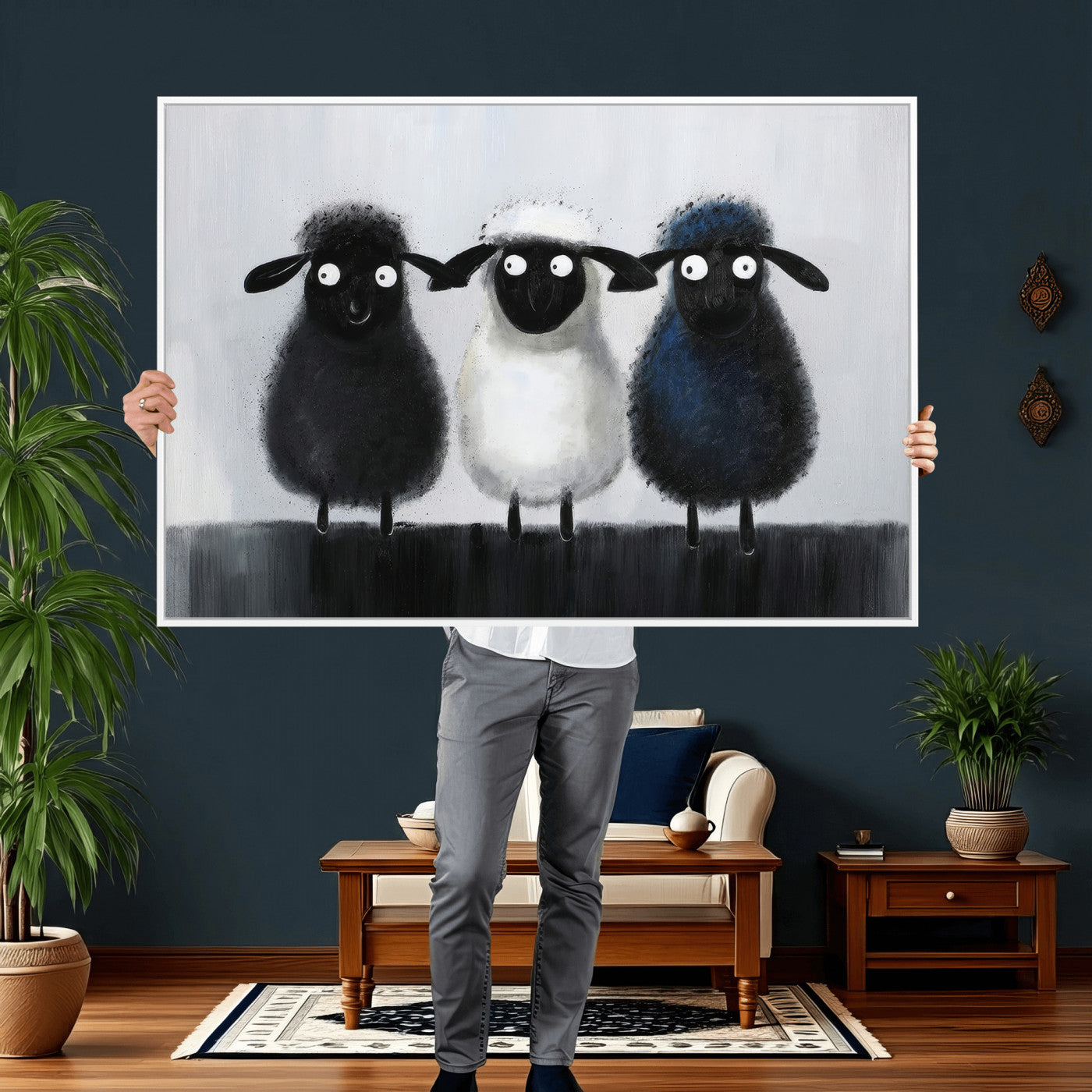 45650028-MGV-CV-36X24 - Funny Sheep Canvas Wall Art, Three Quirky Sheep Painting Print, Cute Animal Nursery Decor, Black White Navy Farmhouse Art, Kids Room Gift
