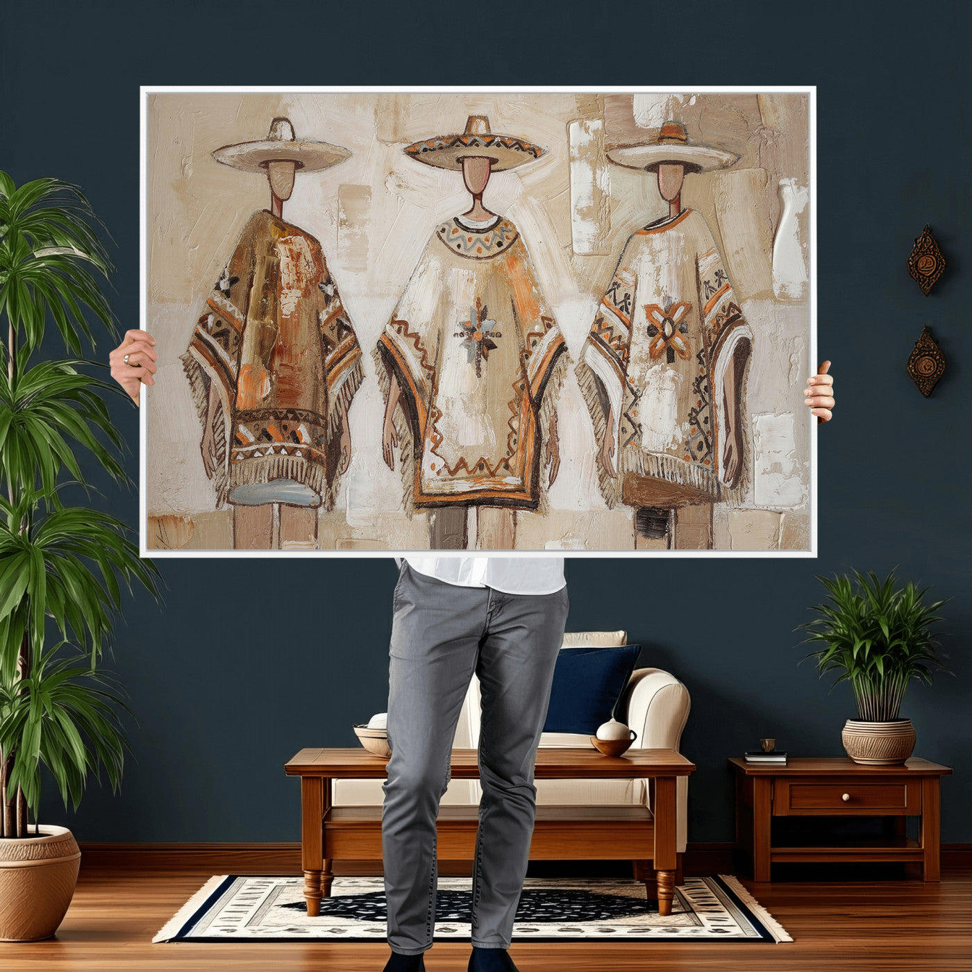 85373290-MGV-CV-36X24 - Mexican Folk Art Canvas Wall Art, Charro Poncho Sombrero Painting Print, Neutral Beige Boho Decor, Southwestern Impasto Style, Living Room Art