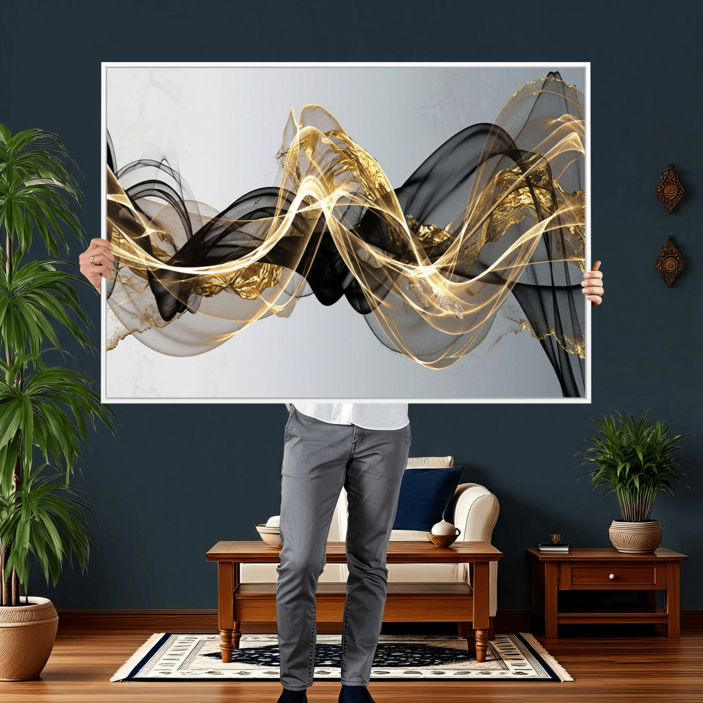 79483321DL-MGV-CV-36X24 - Black and Gold Abstract Wall Art, Modern Wave Canvas Print, Elegant Flowing Smoke Art, Luxury Living Room Decor