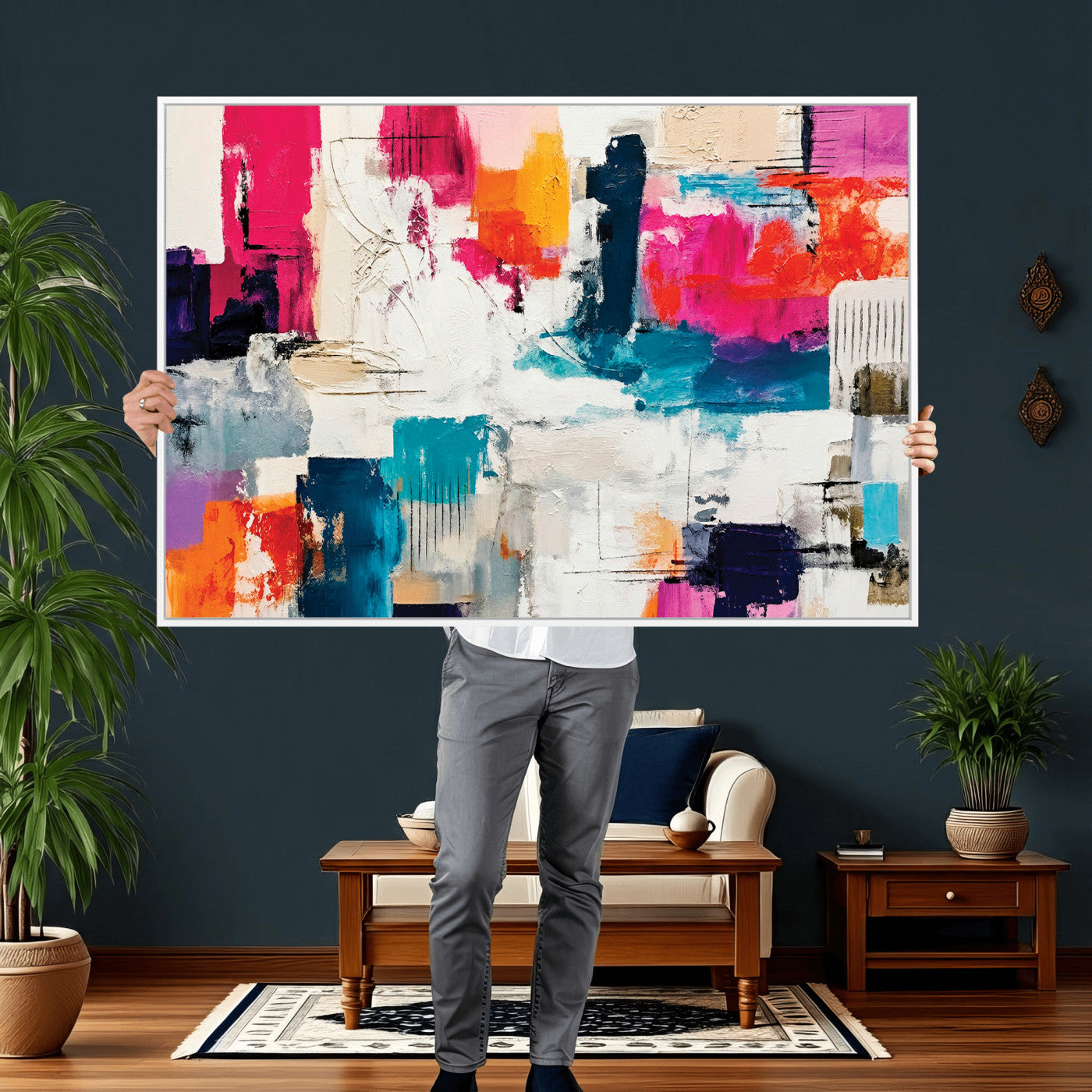57864023-MGV-CV-36X24 - Blue Teal Abstract Canvas Wall Art | Modern Textured Painting Print, Navy Orange White Contemporary Art, Neutral Living Room Decor, Office Art