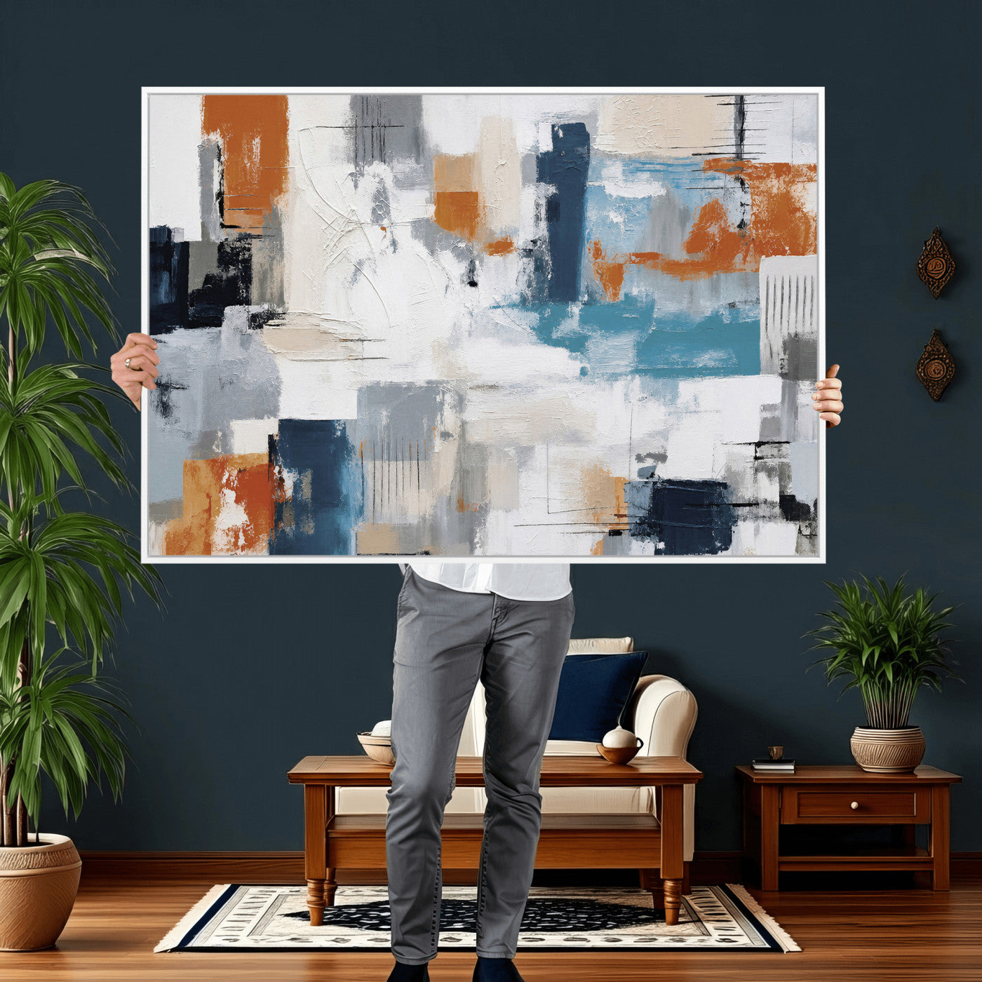 44950303-MGV-CV-36X24 - Blue Teal Abstract Canvas Wall Art, Modern Textured Painting Print, Navy Orange White Contemporary Art, Neutral Living Room Decor, Office Art