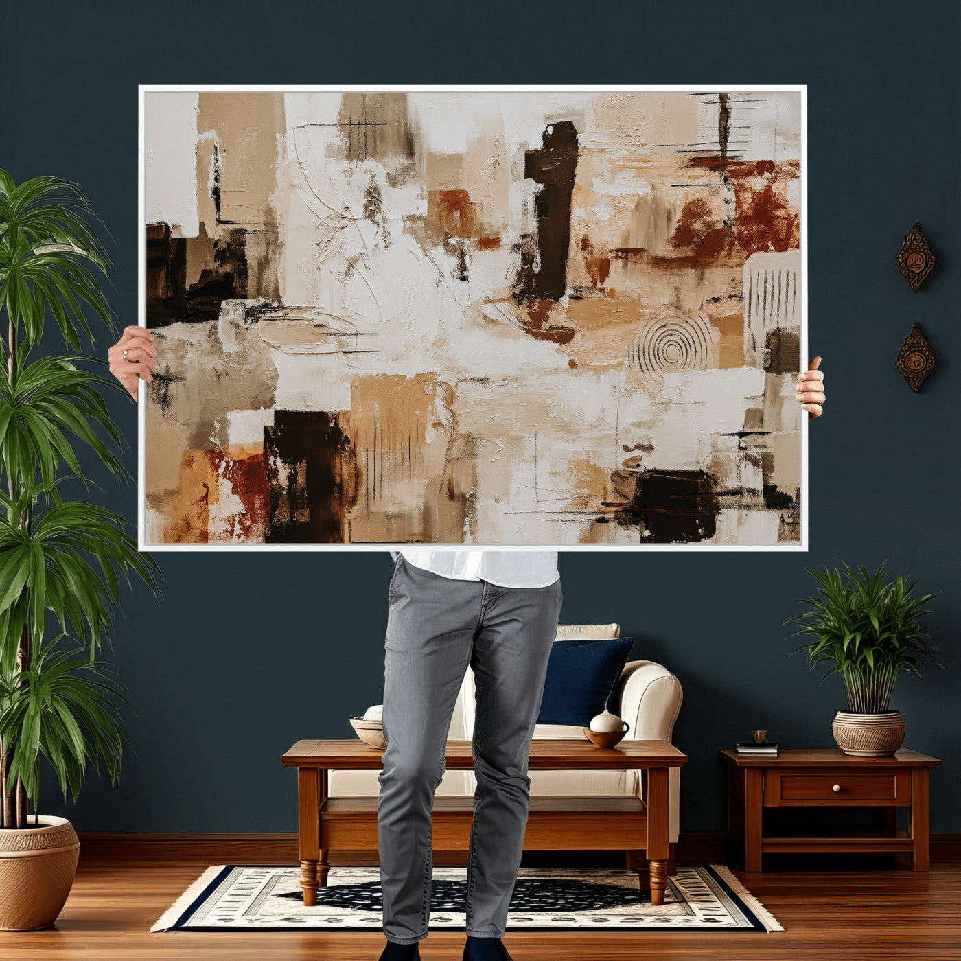 26560159-MGV-CV-36X24 - Blue Teal Abstract Canvas Wall Art, Modern Textured Painting Print, Navy Orange White Contemporary Art, Neutral Living Room Decor, Office Art