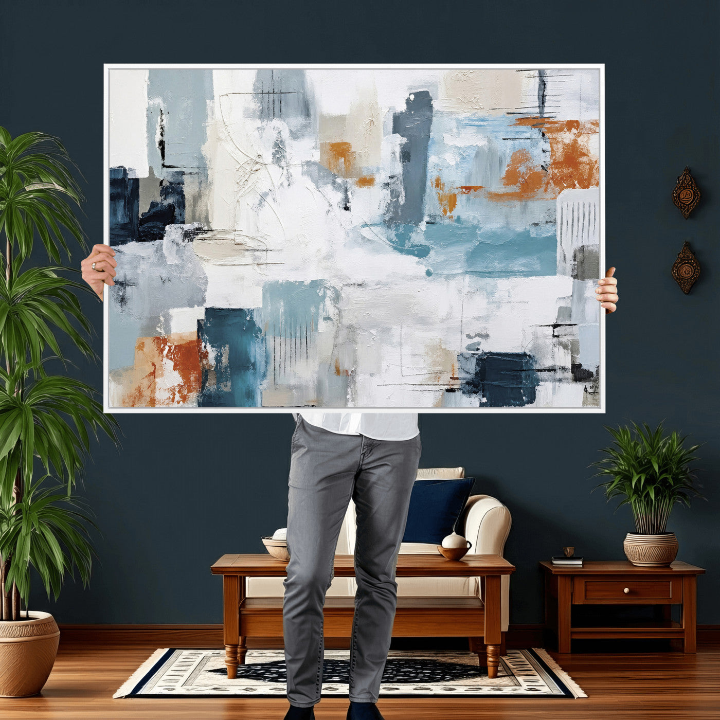 98638479-MGV-CV-36X24 - Blue Teal Abstract Canvas Wall Art, Modern Textured Painting Print, Navy Orange White Contemporary Art, Neutral Living Room Decor, Office Art