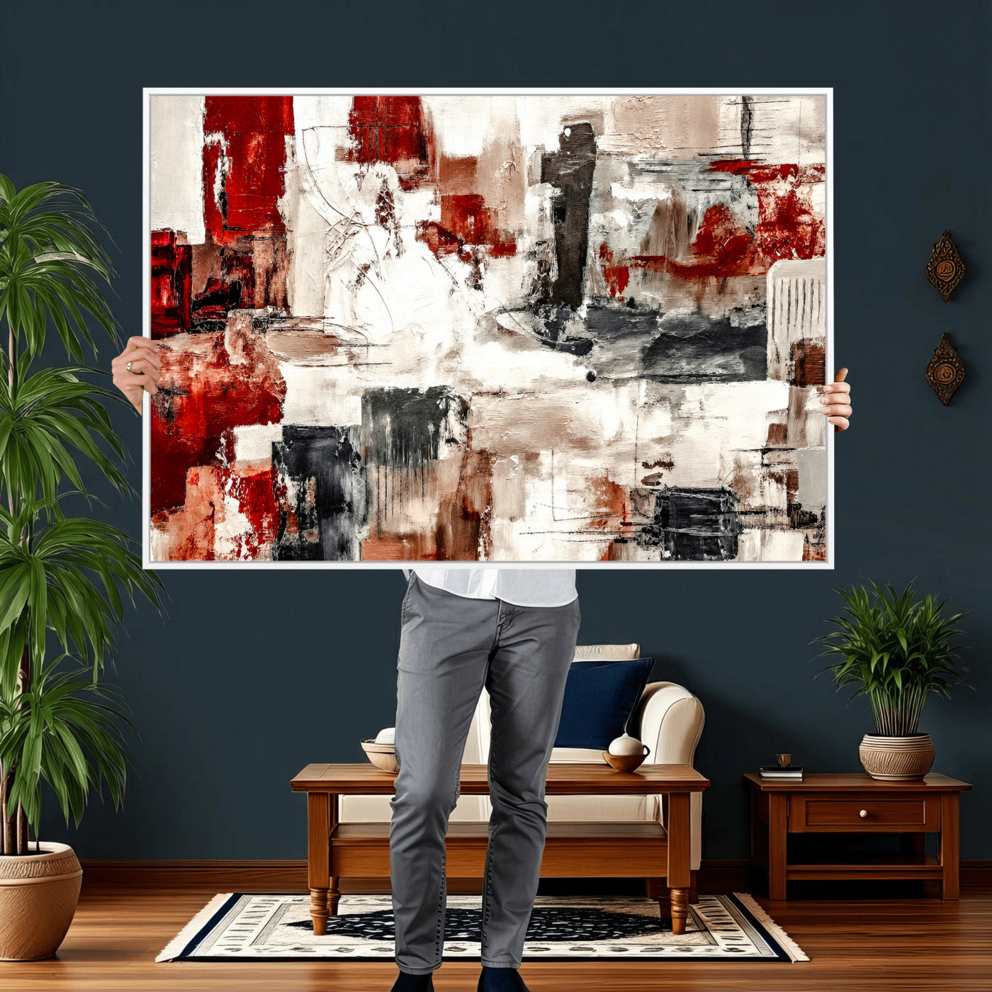 53022468-MGV-CV-36X24 - Blue Teal Abstract Canvas Wall Art, Modern Textured Painting Print, Navy Orange White Contemporary Art, Neutral Living Room Decor, Office Art