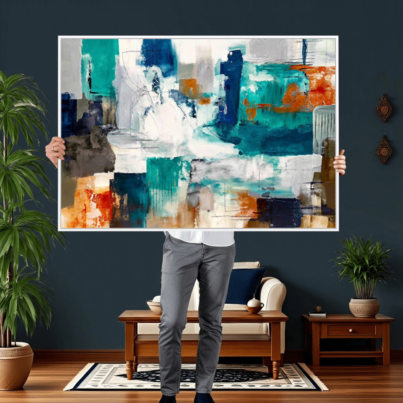 44038089-MGV-CV-36X24 - Blue Teal Abstract Canvas Wall Art, Modern Textured Painting Print, Navy Orange White Contemporary Art, Neutral Living Room Decor, Office Art