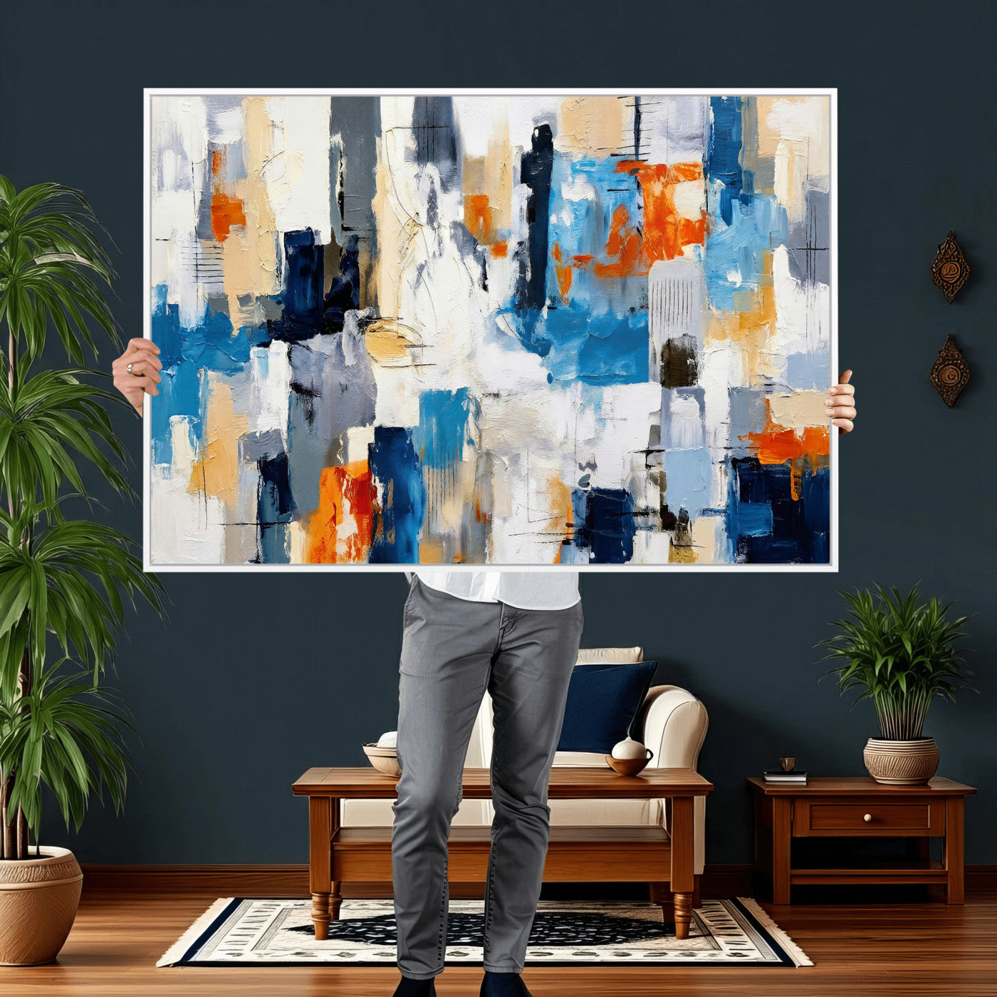 83915061-MGV-CV-36X24 - Blue Teal Abstract Canvas Wall Art, Modern Textured Painting Print, Navy Orange White Contemporary Art, Neutral Living Room Decor, Office Art