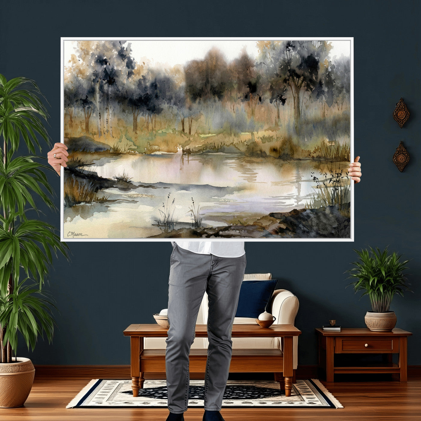 27383609-MGV-CV-36X24 - Abstract WatercolorAutumn Lake Canvas Wall Art Print, Misty Forest Landscape, Rustic Nature Painting, Cabin Wall Decor, Ready to Hang