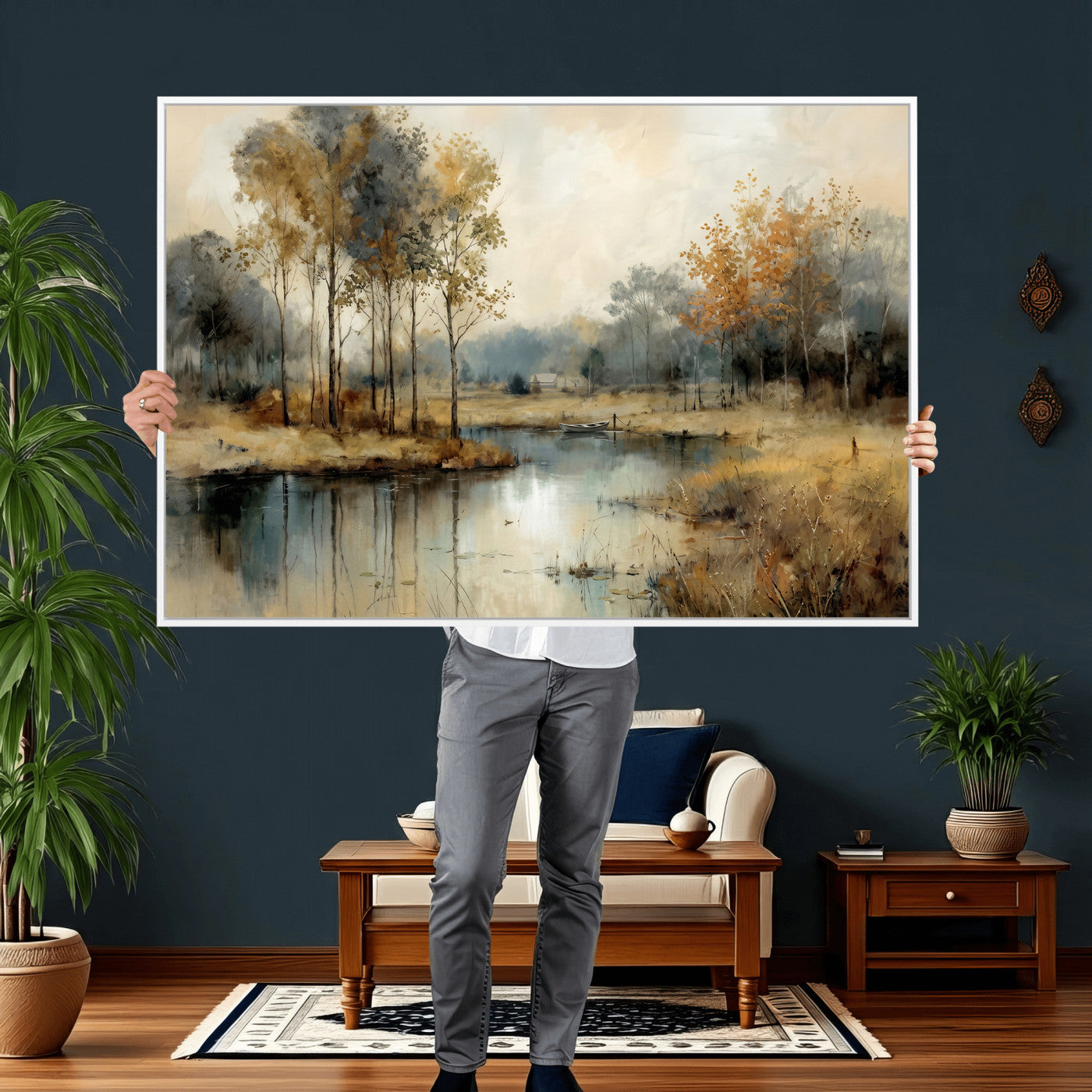 74391095-MGV-CV-36X24 - Abstract WatercolorAutumn Lake Canvas Wall Art Print, Misty Forest Landscape, Rustic Nature Painting, Cabin Wall Decor, Ready to Hang