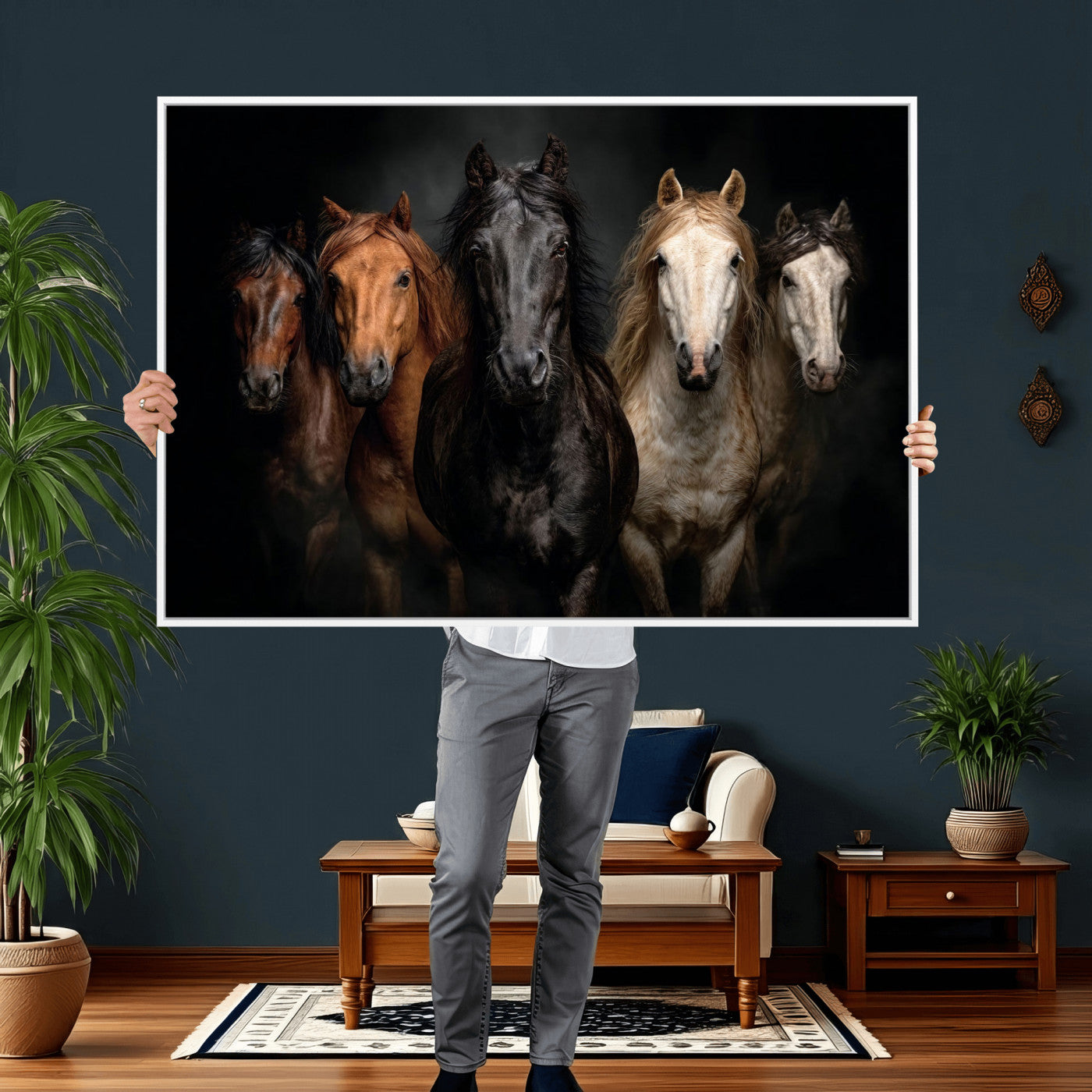 77696206-MGV-CV-36X24 - Horse Wall Art Canvas Print | Wild Horses Portrait Photography, Animal Horse Decor, Black Brown White Horse Herd