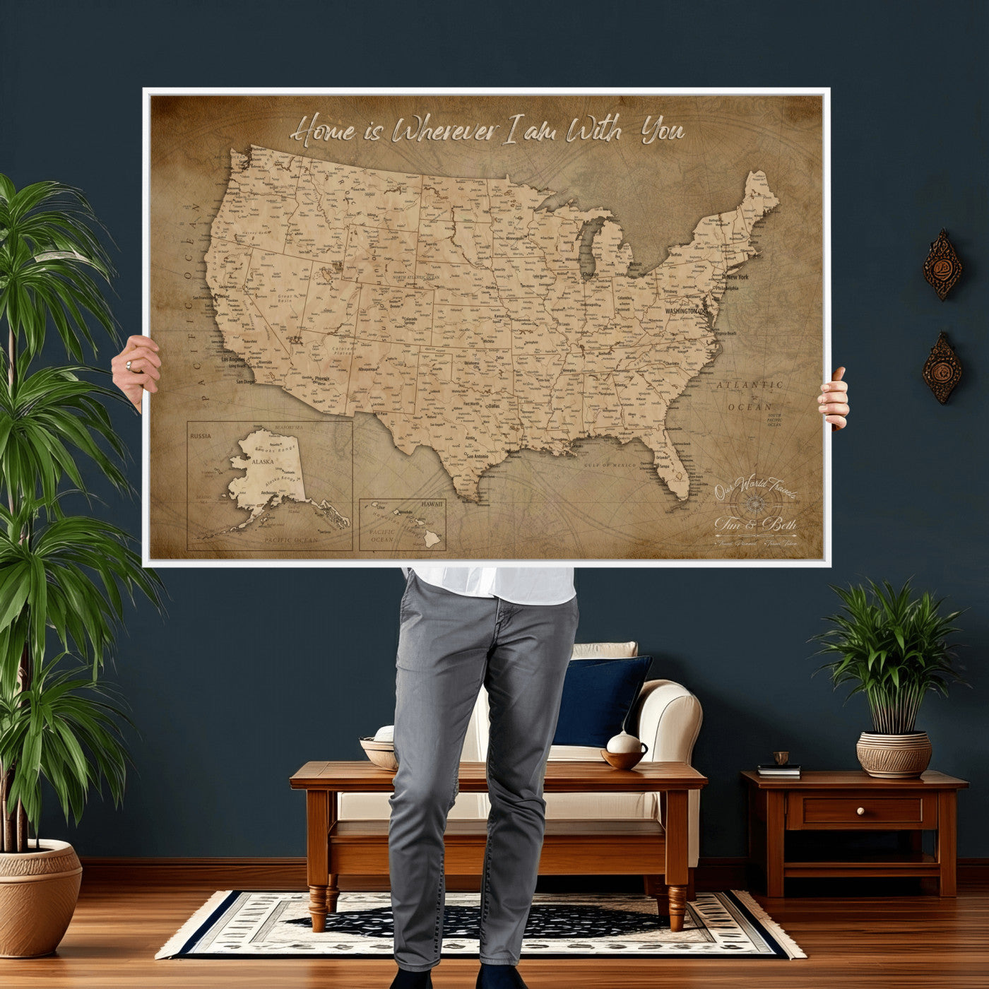 21454917-MGV-CV-36X24 - Personalized USA Push Pin Travel Map, Custom United States Map, Push Pin Map, USA Bucket List Map, Anniversary Gift | Couple Travel Map Wall Art