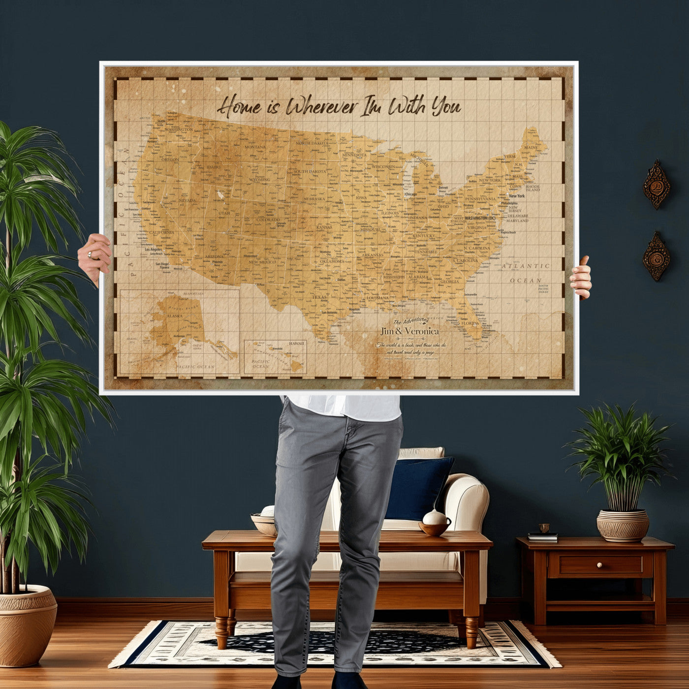 62164711-MGV-CV-36X24 - Personalized USA Push Pin Travel Map, Custom United States Map, Push Pin Map, USA Bucket List Map, Anniversary Gift, Couple Travel Map Wall Art
