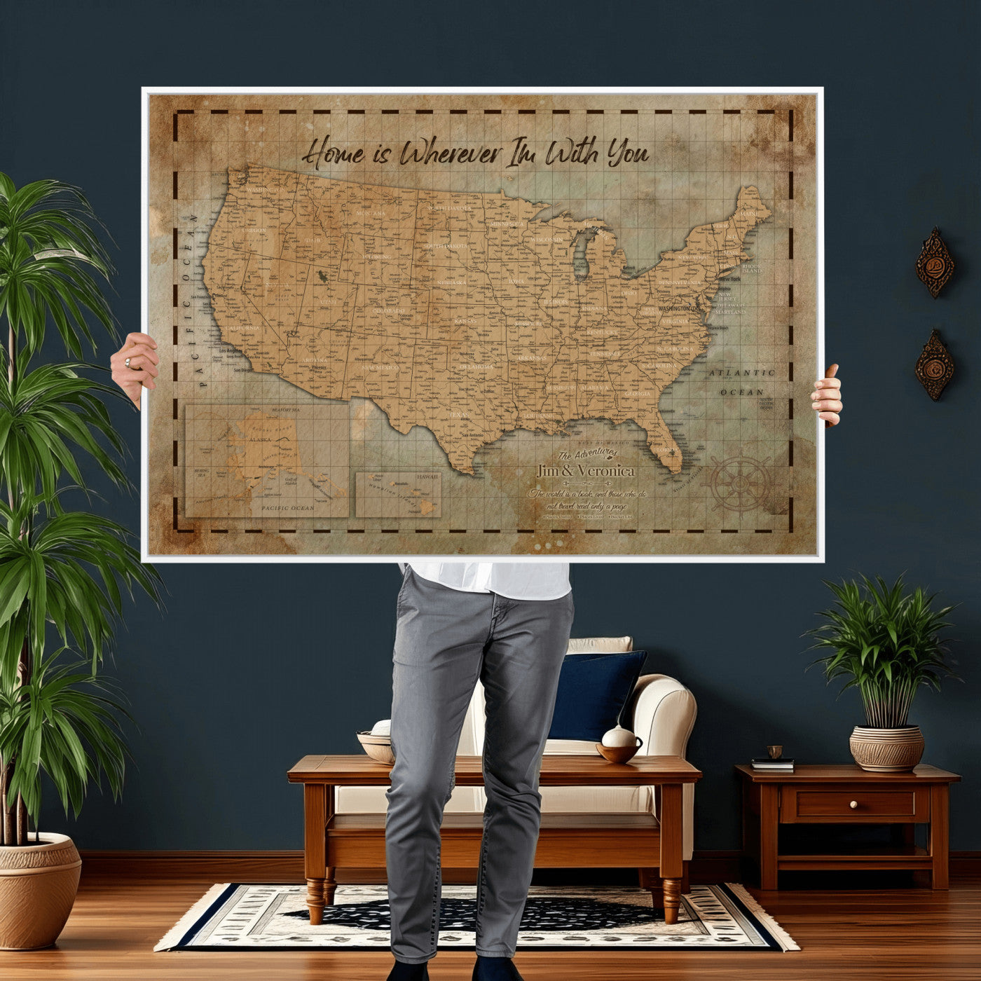 87620242-MGV-CV-36X24 - Personalized USA Push Pin Travel Map, Custom United States Map, Push Pin Map, USA Bucket List Map, Anniversary Gift, Couple Travel Map Wall Art