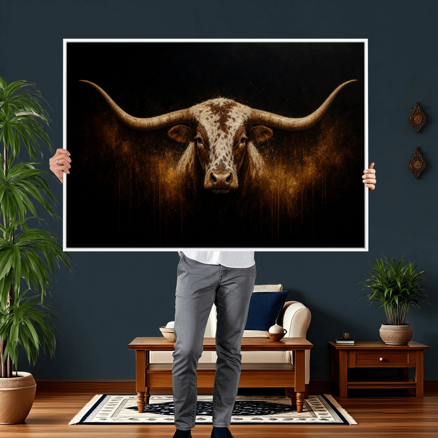 12628958-MGV-CV-36X24 - Texas Longhorn Canvas Wall Art Moody Western Bull Oil Painting Print