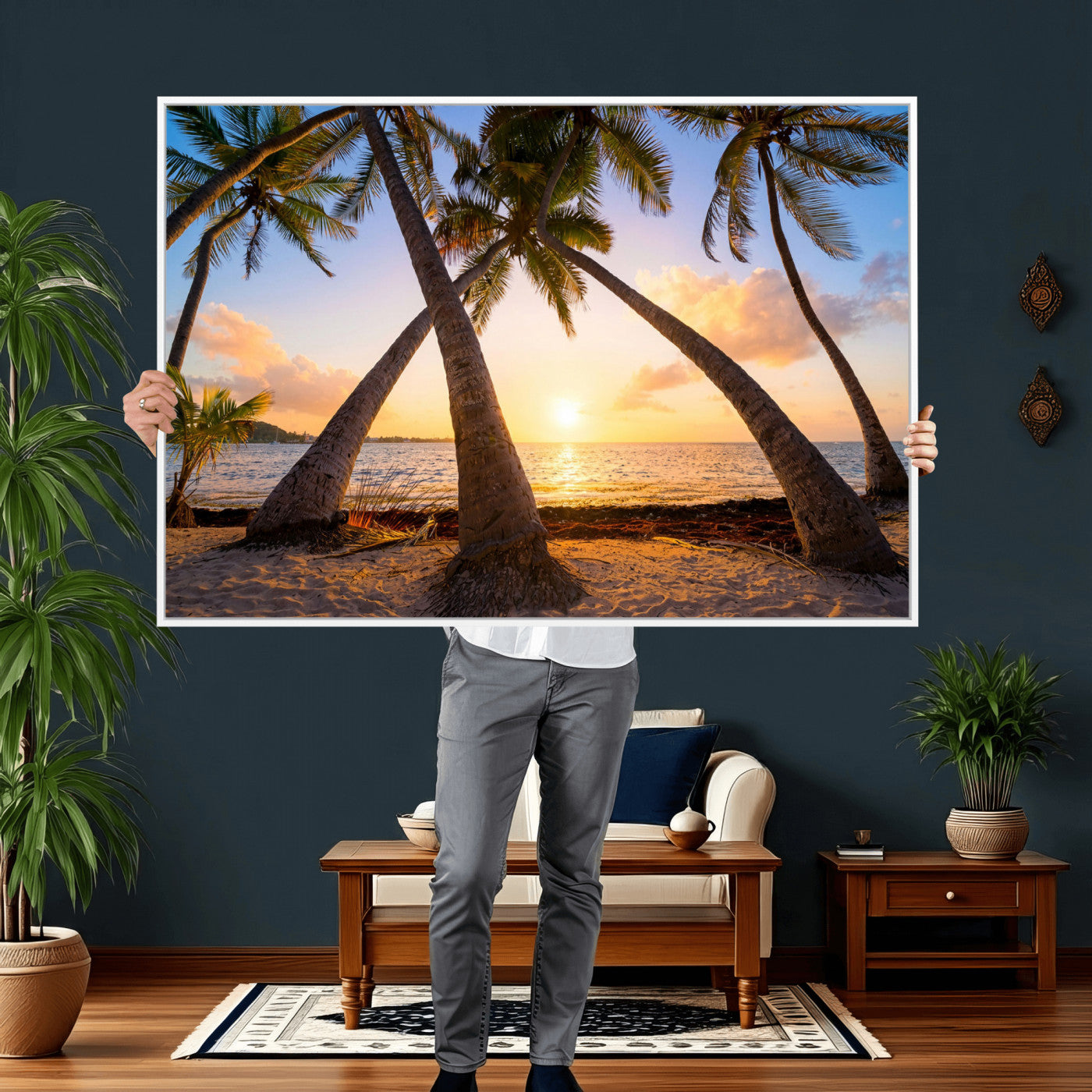 75123213-MGV-CV-36X24 - Tropical Island Coconut Palm Trees Sunset Wall Art Canvas Print - Turquoise Beach Print for Nautical Home Decor